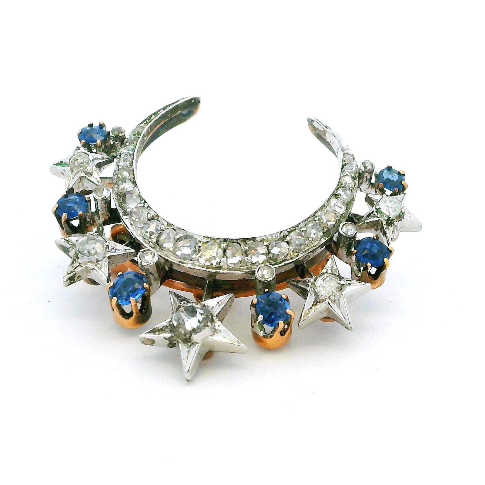 Victorian Diamond & Sapphire Crescent Moon Brooch in 18K Gold and Platinum - 13