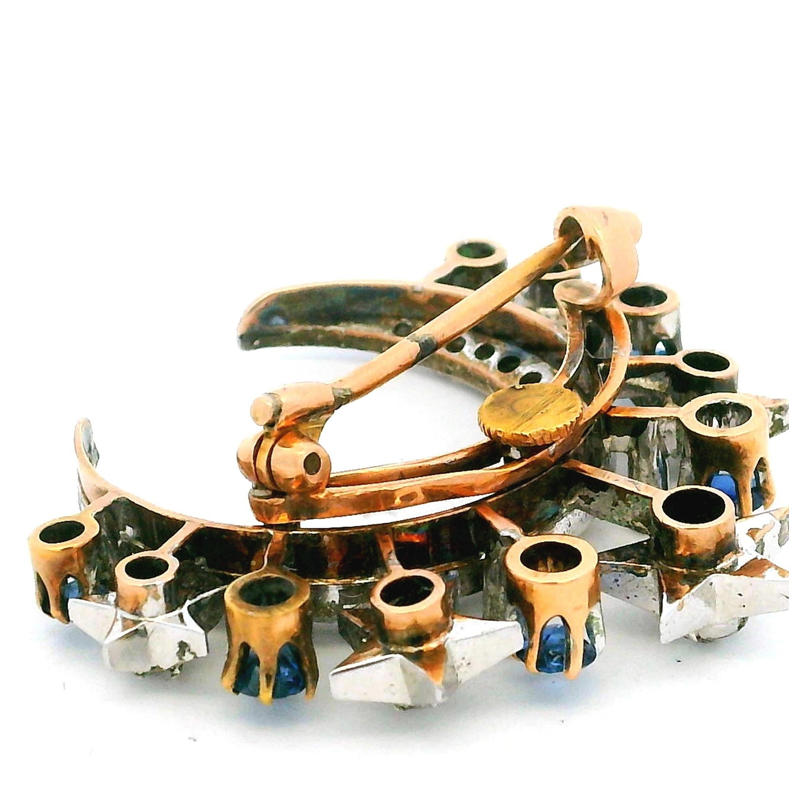 Victorian Diamond & Sapphire Crescent Moon Brooch in 18K Gold and Platinum - 14