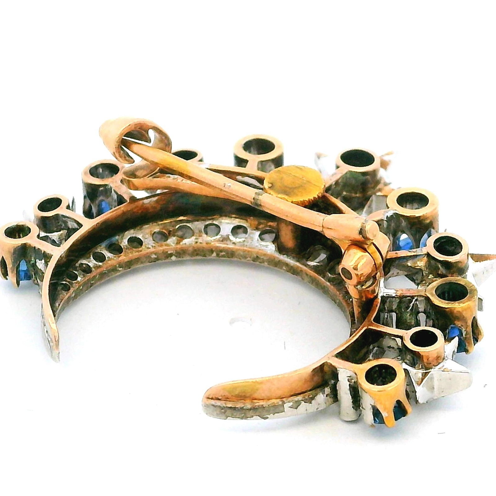 Victorian Diamond & Sapphire Crescent Moon Brooch in 18K Gold and Platinum - 15