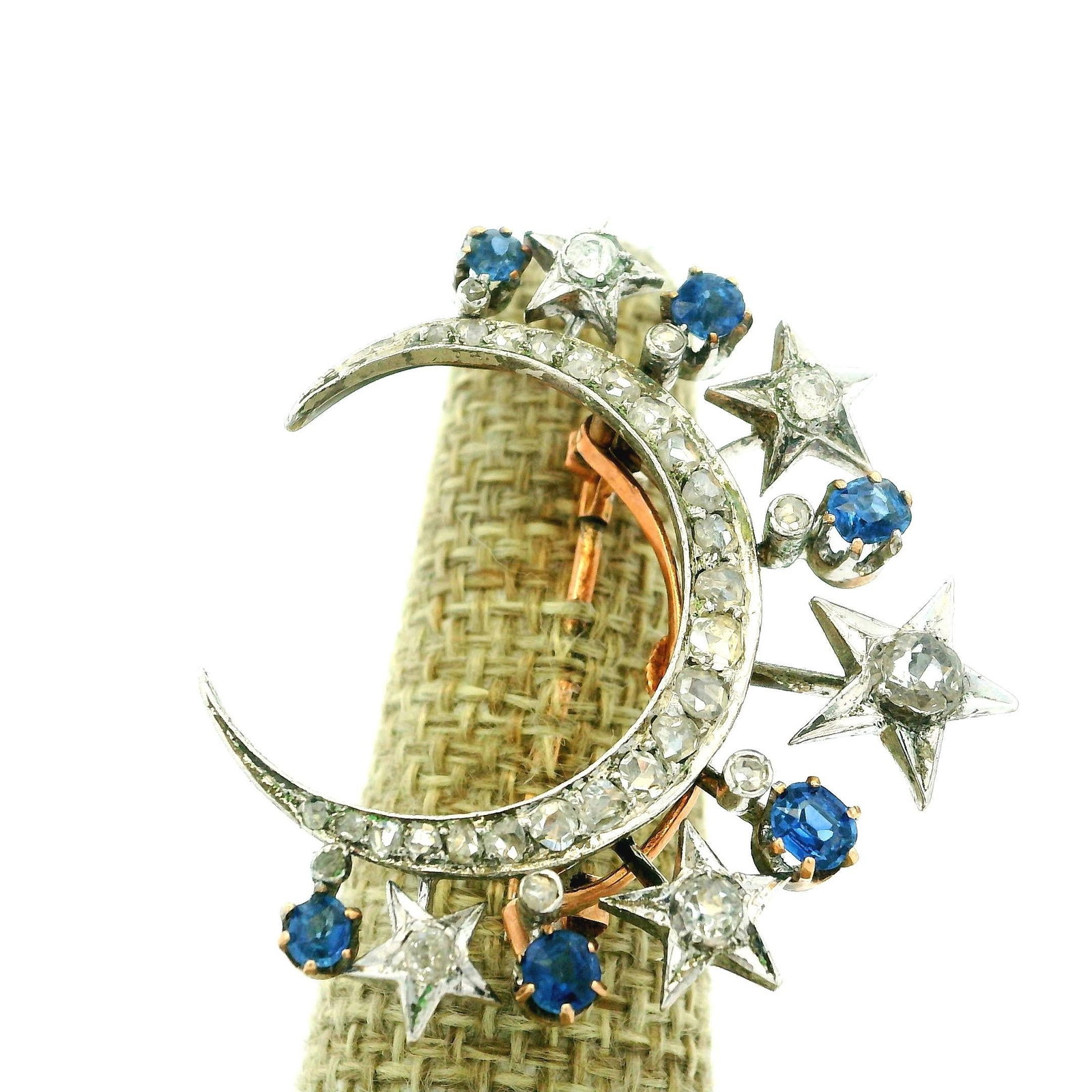Victorian Diamond & Sapphire Crescent Moon Brooch in 18K Gold and Platinum - 16