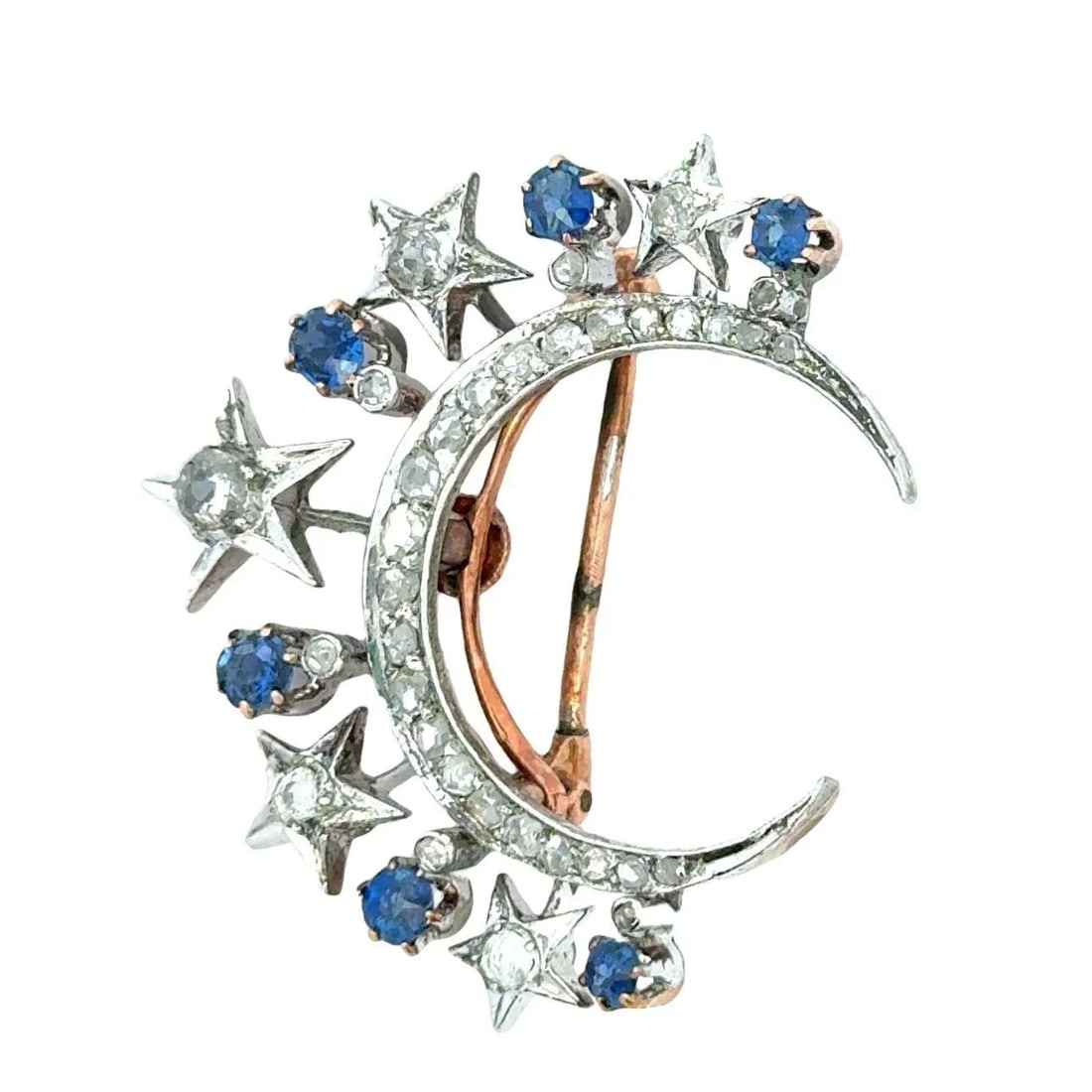 Victorian Diamond & Sapphire Crescent Moon Brooch in 18K Gold and Platinum - 2