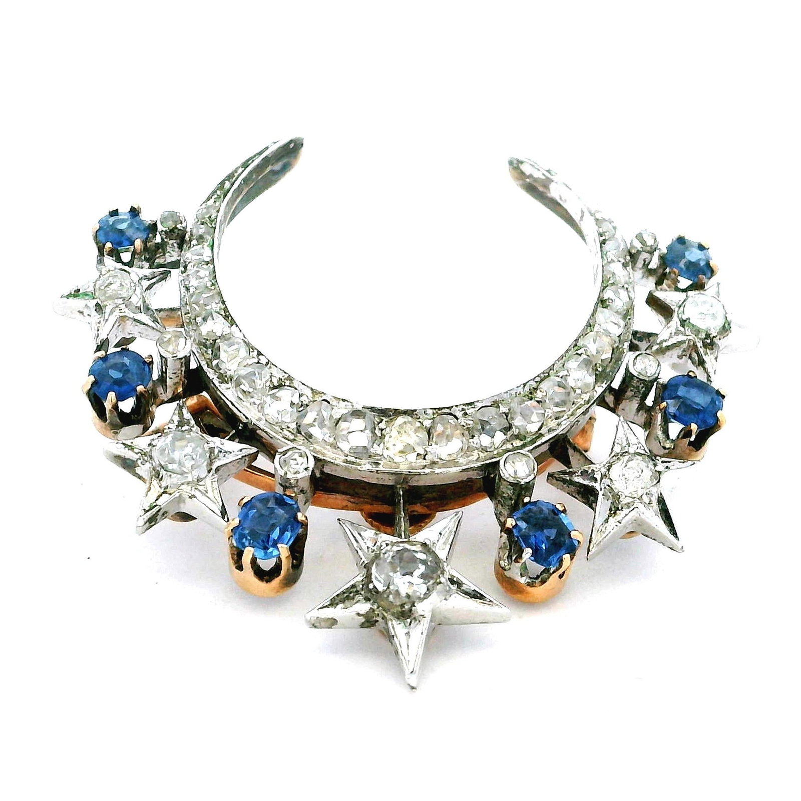 Victorian Diamond & Sapphire Crescent Moon Brooch in 18K Gold and Platinum - 3