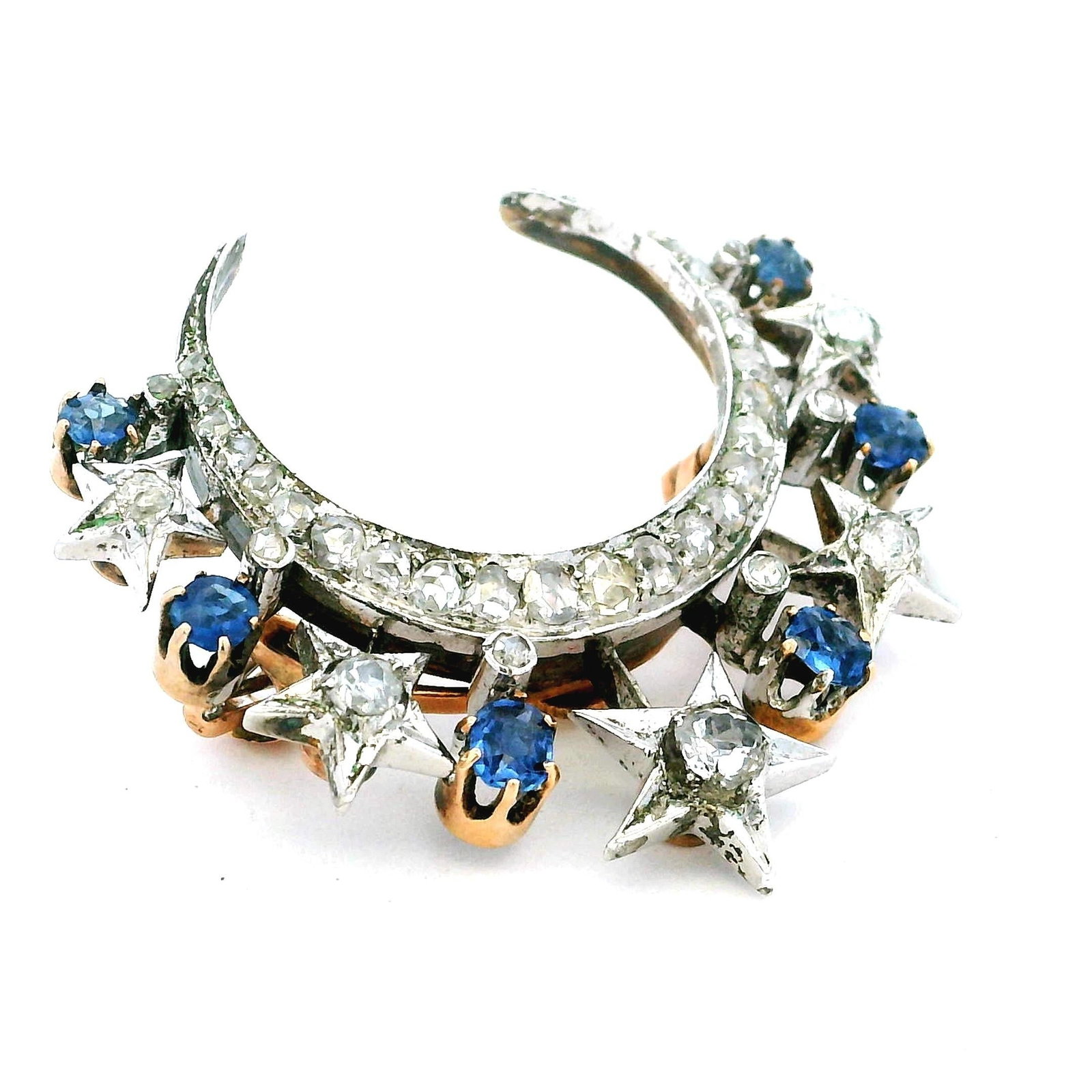 Victorian Diamond & Sapphire Crescent Moon Brooch in 18K Gold and Platinum - 4