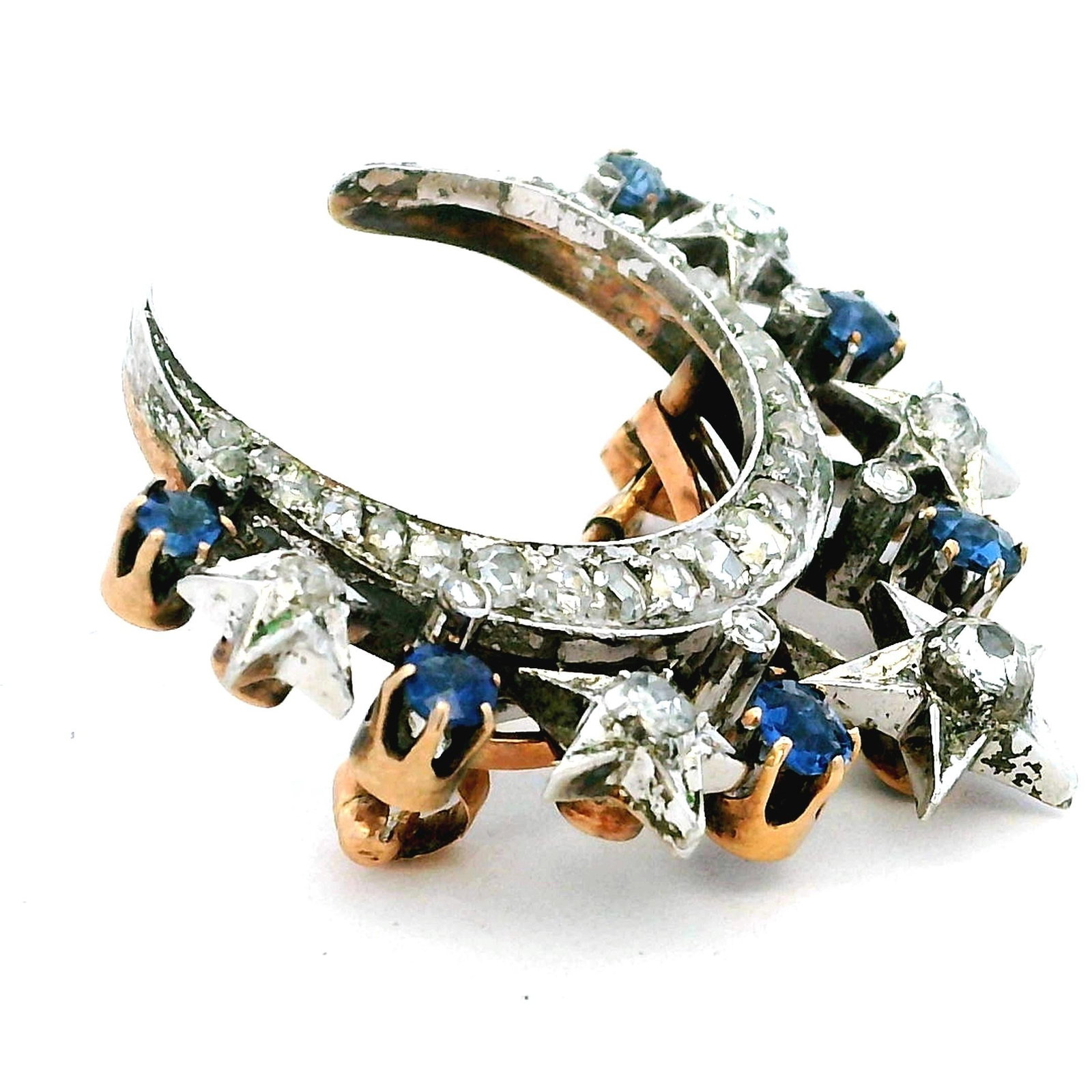 Victorian Diamond & Sapphire Crescent Moon Brooch in 18K Gold and Platinum - 5
