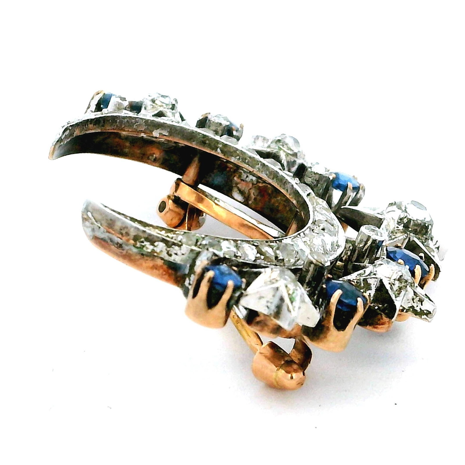 Victorian Diamond & Sapphire Crescent Moon Brooch in 18K Gold and Platinum - 7