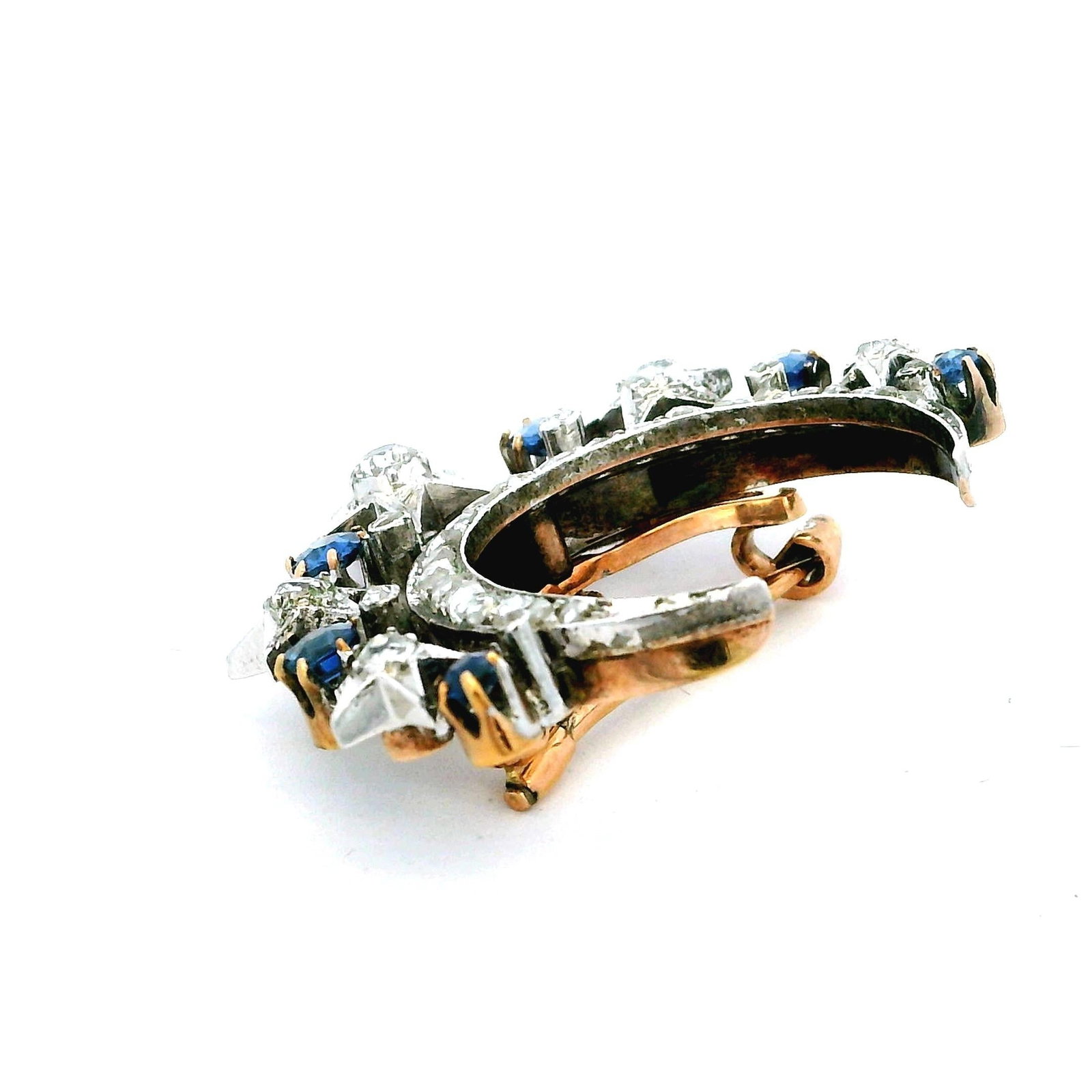 Victorian Diamond & Sapphire Crescent Moon Brooch in 18K Gold and Platinum - 8