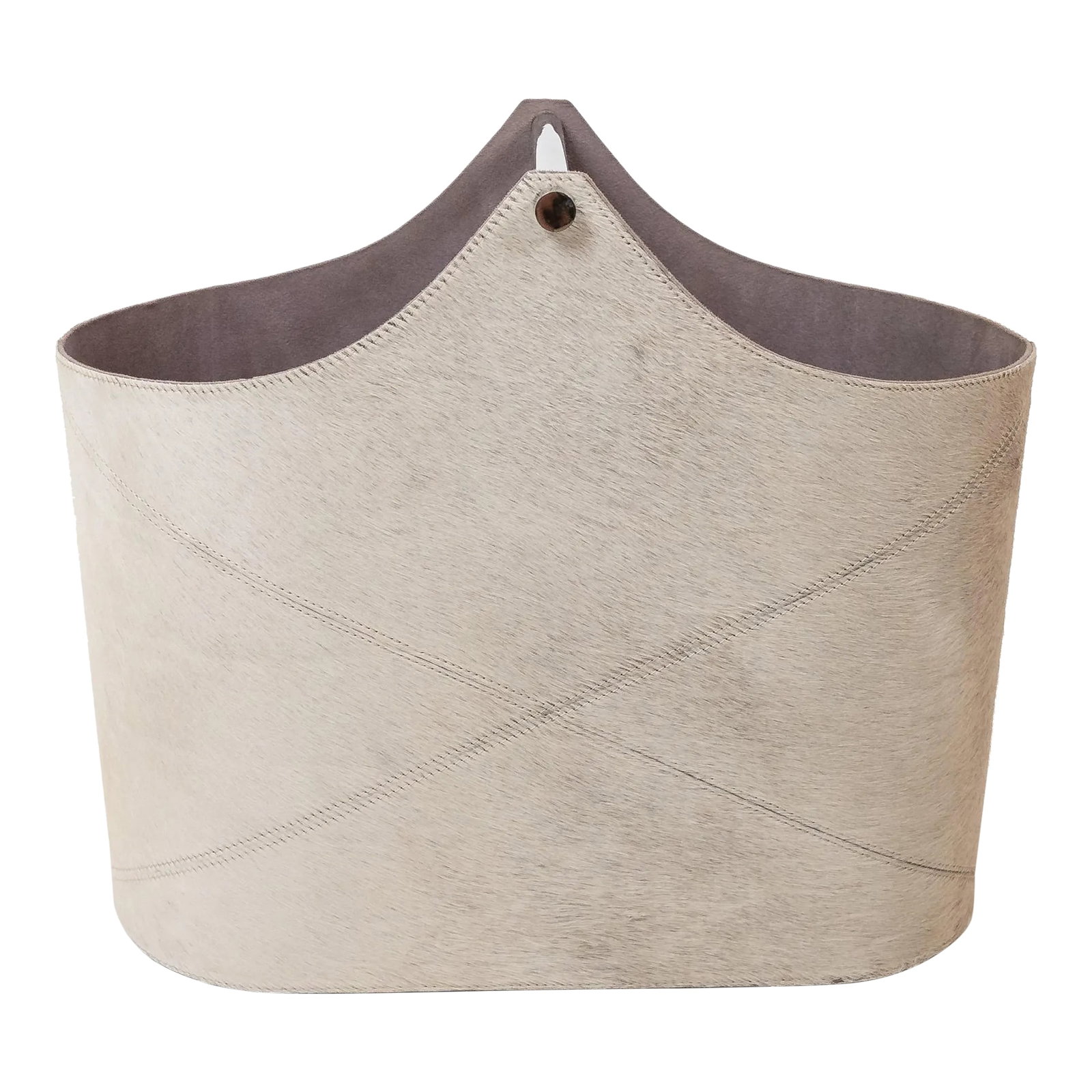 1970s Hair-on-Hide Basket - Gray: A stylish and tactile basket wrapped in genuine gray hair-on-hide leather. The organic texture and subtle color variation make it a perfect storage solution with a rustic-luxe feel. Ideal for holding