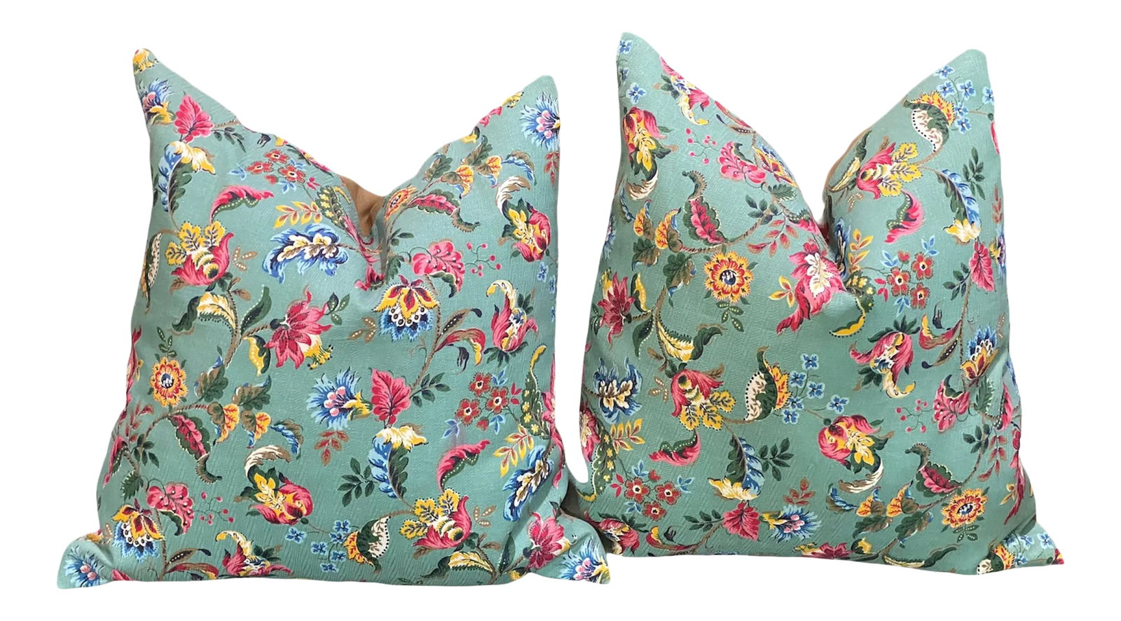 Vintage Floral Barkcloth Pillows - a Pair: You will love this pair of custom pillows made from Vintage Barkcloth cotton fabric with a colorful floral pattern on a soft aqua field. They will make any space "happy". Solid backing in coordinating