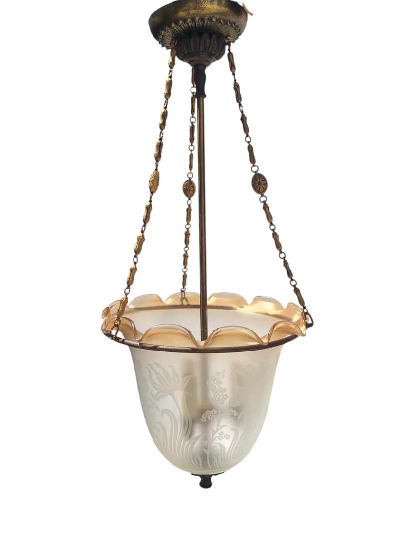 Art Deco Etched Glass Pendant Bell Jar/Hall Lantern Light With Amber Rim, C. 1930s - 10