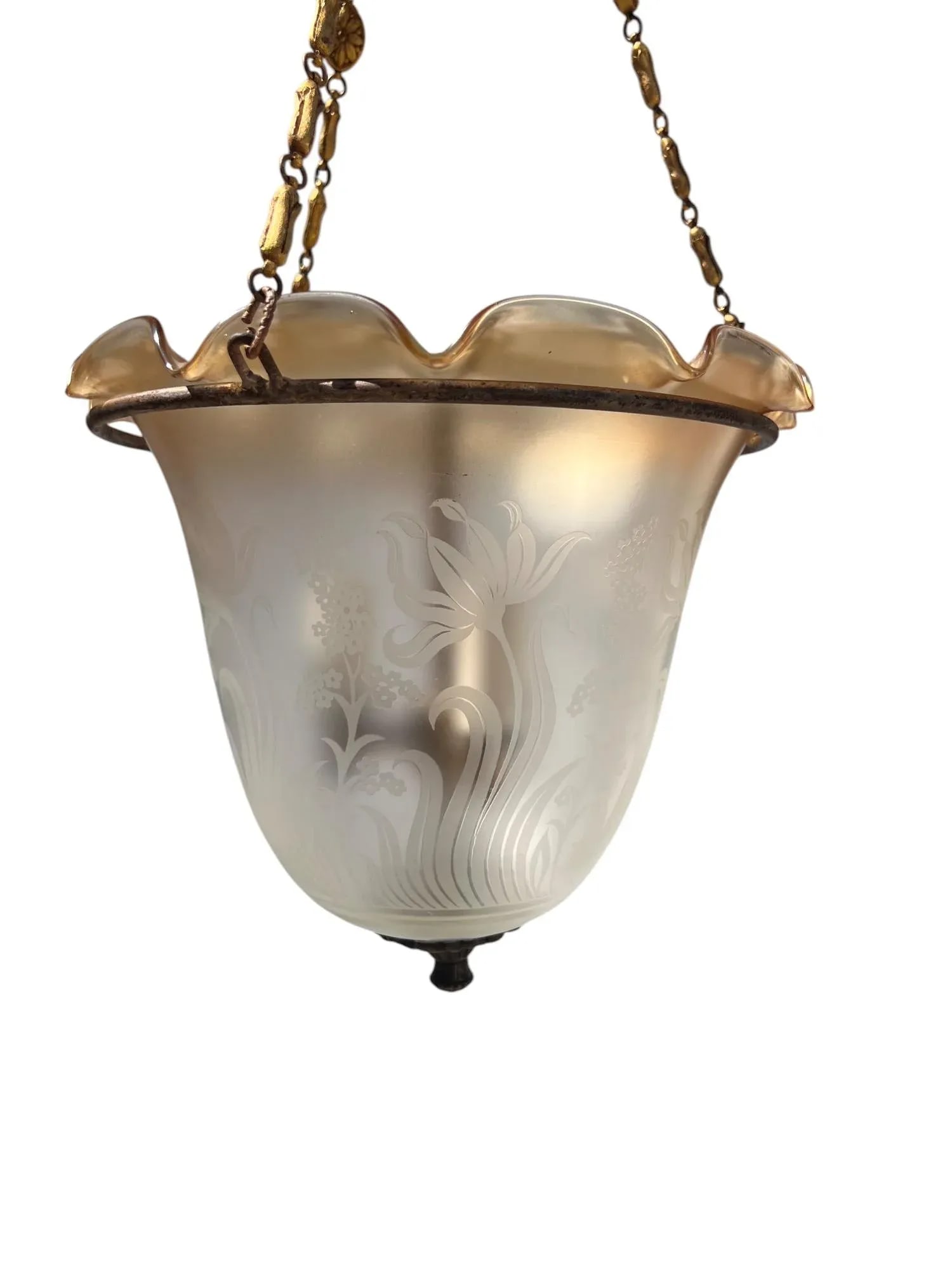 Art Deco Etched Glass Pendant Bell Jar/Hall Lantern Light With Amber Rim, C. 1930s - 11