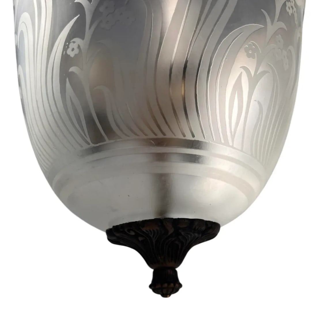 Art Deco Etched Glass Pendant Bell Jar/Hall Lantern Light With Amber Rim, C. 1930s - 12