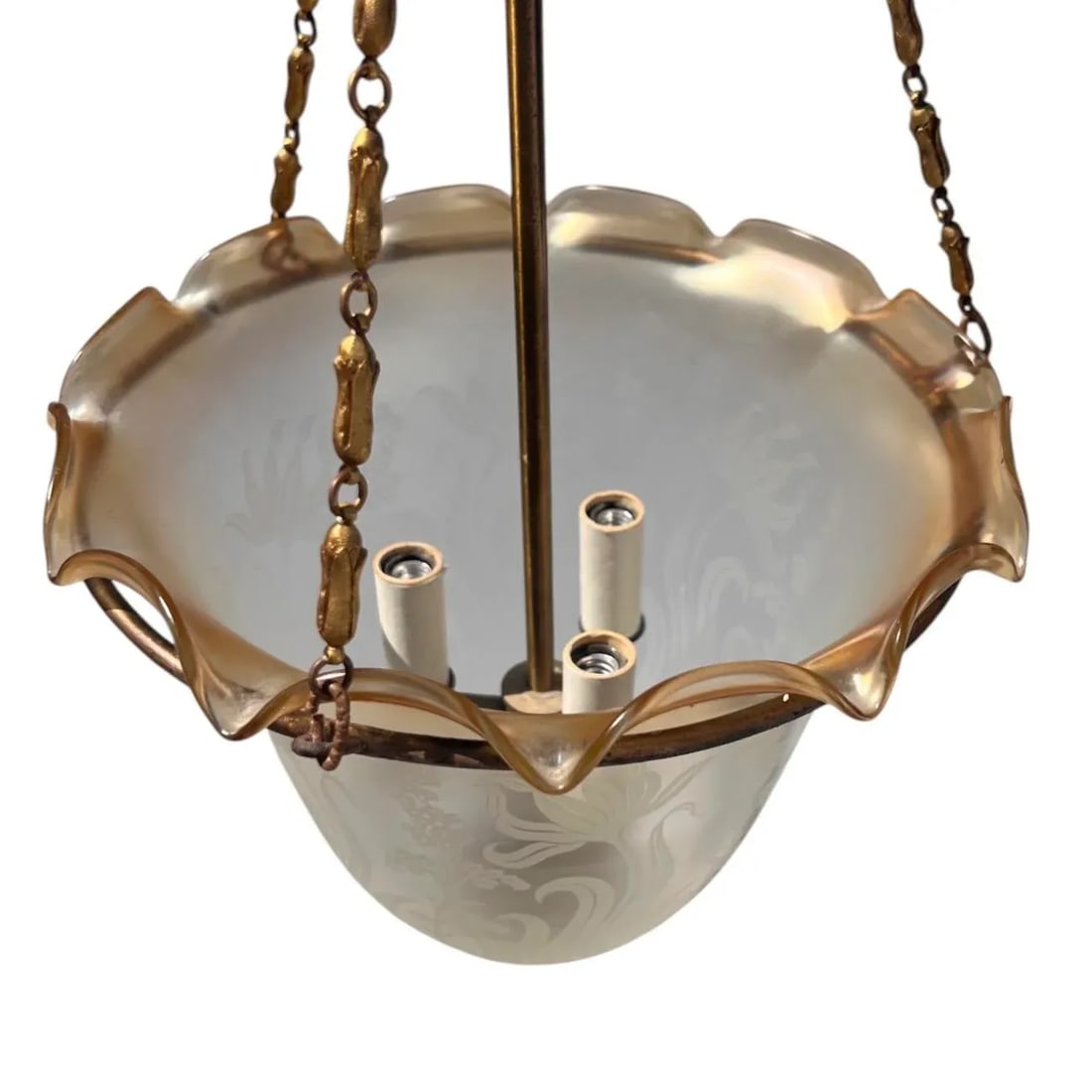 Art Deco Etched Glass Pendant Bell Jar/Hall Lantern Light With Amber Rim, C. 1930s - 13