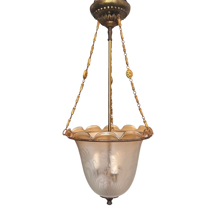 Art Deco Etched Glass Pendant Bell Jar/Hall Lantern Light With Amber Rim, C. 1930s: Elegant 1930s Art Deco pendant light featuring a frosted glass shade with finely etched floral and scroll motifs. The shade is accented by a softly amber-tinted scalloped rim. Suspended from the origi