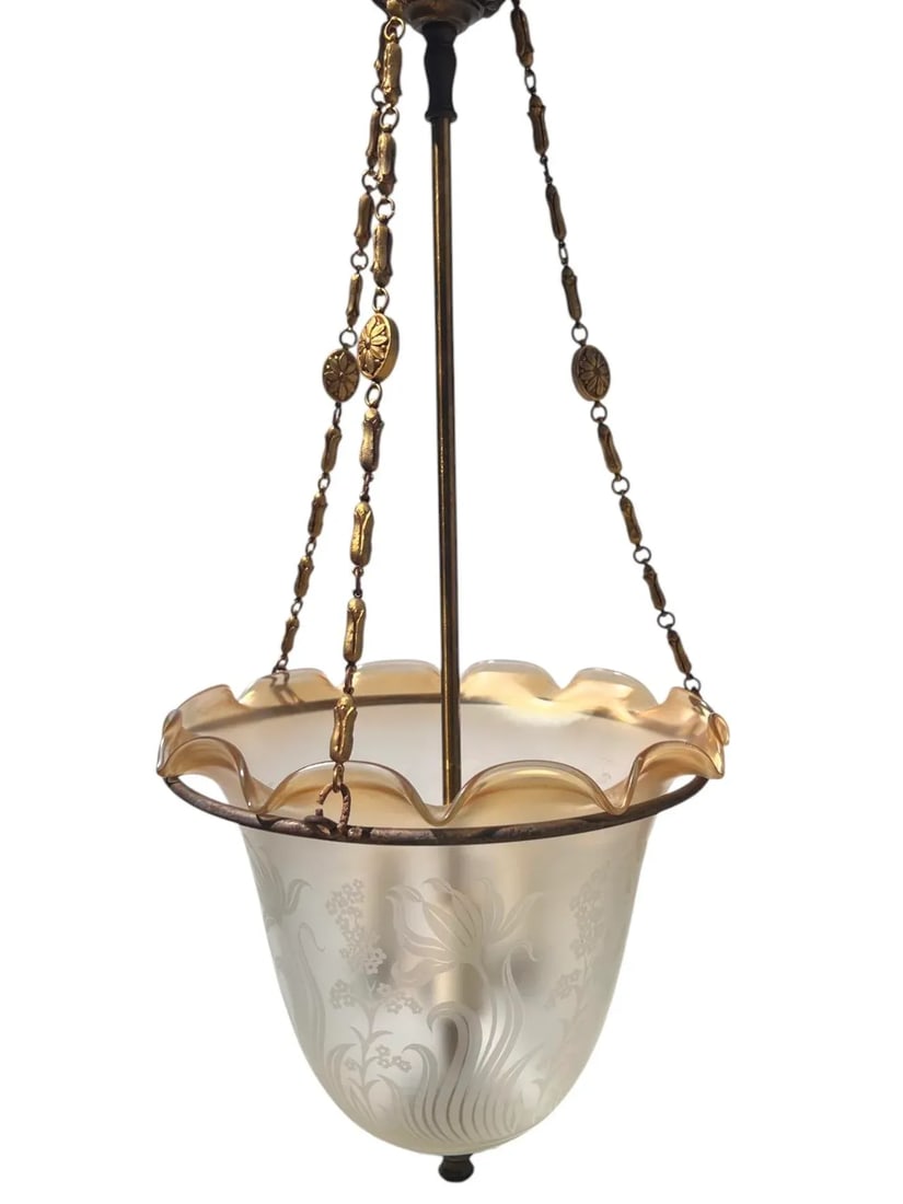 Art Deco Etched Glass Pendant Bell Jar/Hall Lantern Light With Amber Rim, C. 1930s - 2