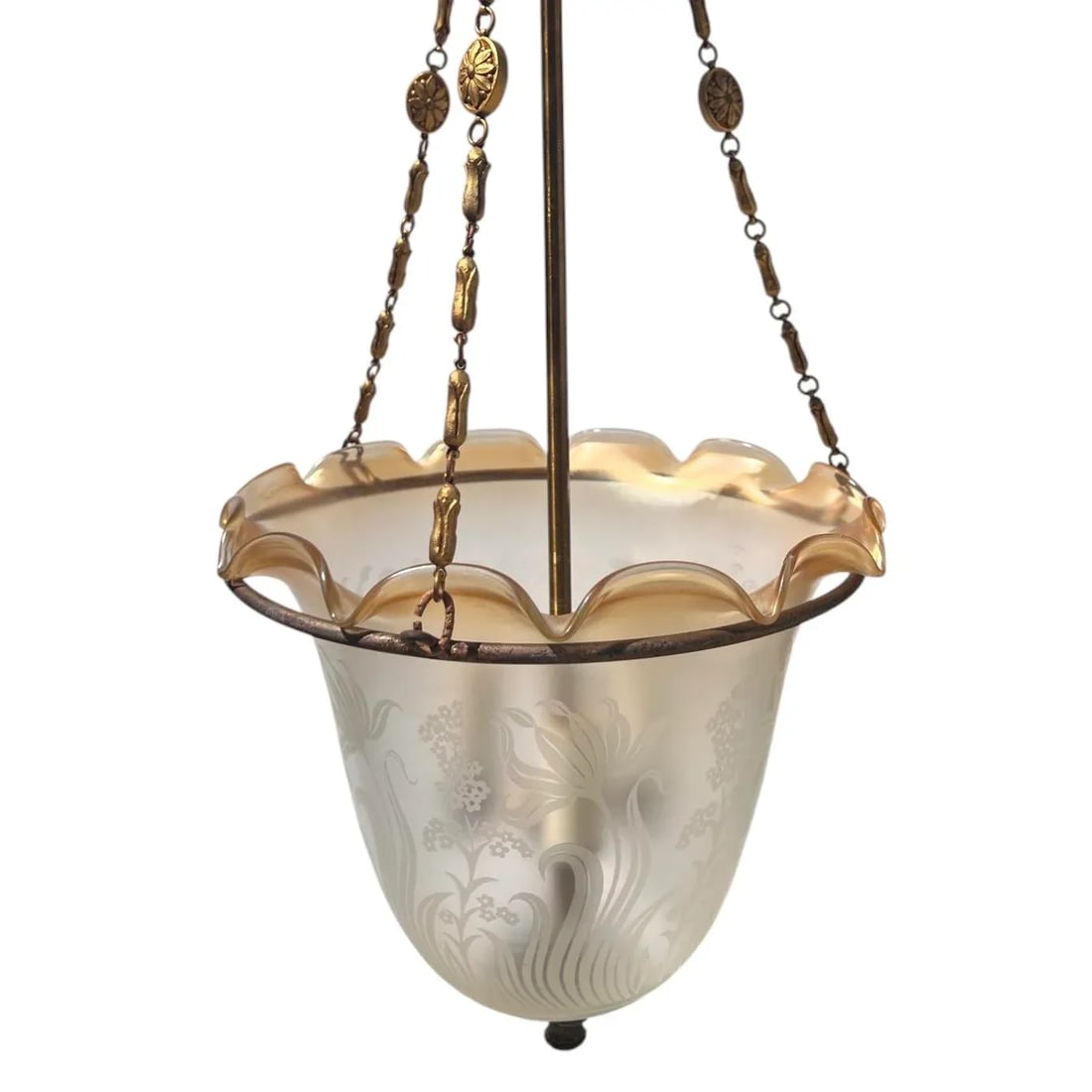 Art Deco Etched Glass Pendant Bell Jar/Hall Lantern Light With Amber Rim, C. 1930s - 3