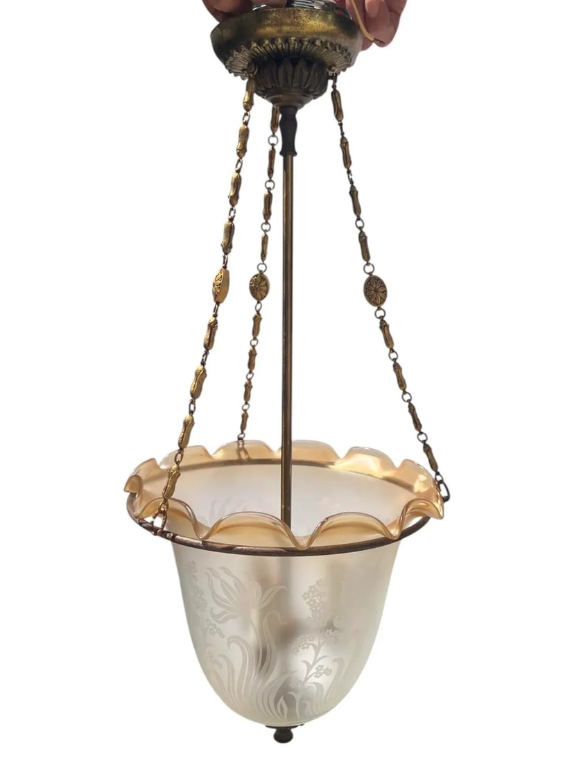 Art Deco Etched Glass Pendant Bell Jar/Hall Lantern Light With Amber Rim, C. 1930s - 4