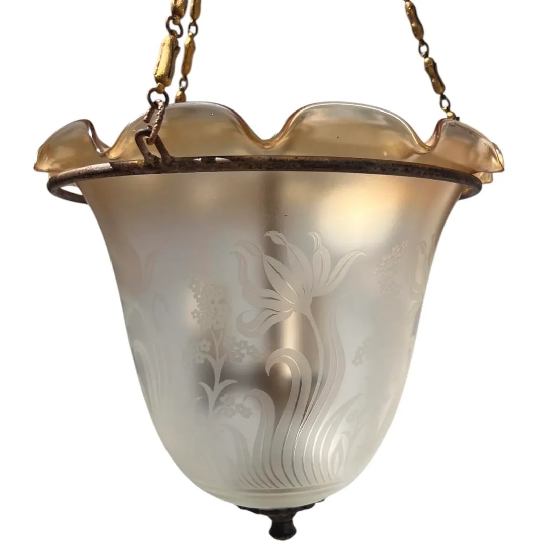 Art Deco Etched Glass Pendant Bell Jar/Hall Lantern Light With Amber Rim, C. 1930s - 5