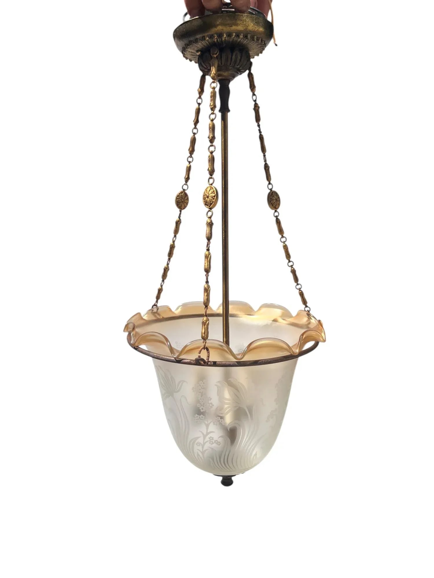 Art Deco Etched Glass Pendant Bell Jar/Hall Lantern Light With Amber Rim, C. 1930s - 6