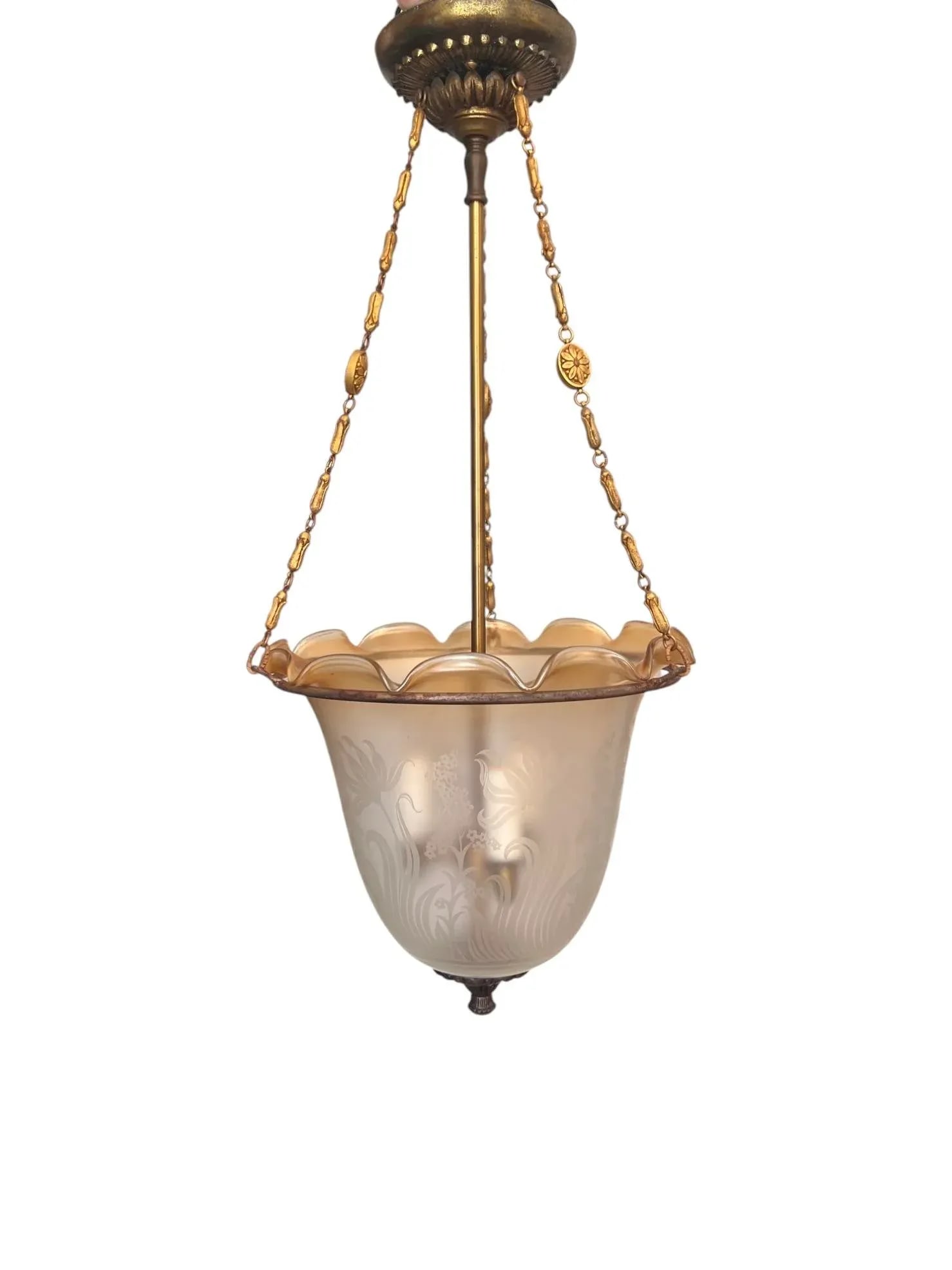 Art Deco Etched Glass Pendant Bell Jar/Hall Lantern Light With Amber Rim, C. 1930s - 8
