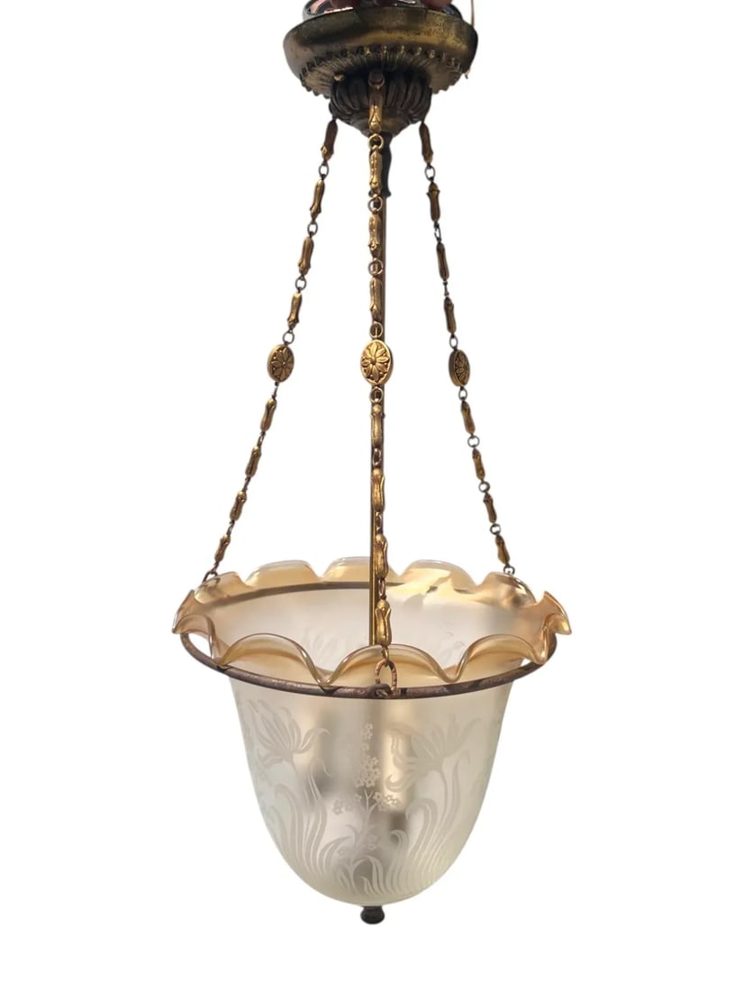 Art Deco Etched Glass Pendant Bell Jar/Hall Lantern Light With Amber Rim, C. 1930s - 9