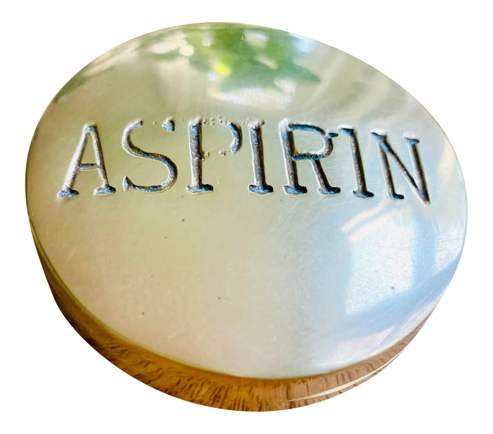 Vintage Brass Aspirin Pill Box: Really cool brass pill storage container with "aspirin" engraved in the lid. Great talking piece or fun funky decor piece. Lovely shine. Perfect piece to add to your decor collection. Vintage and