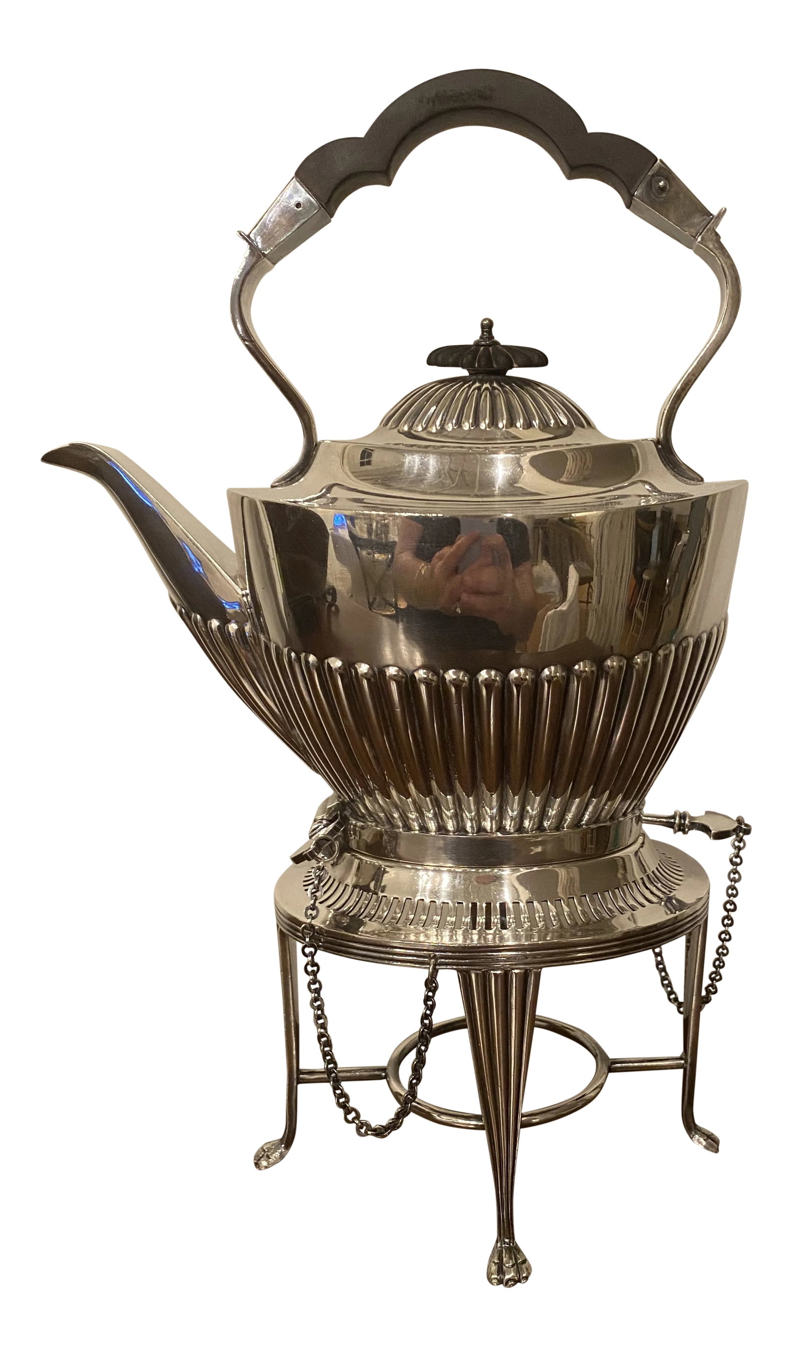 Antique Mappin and Webb Sheffield Teapot on Stand: Lovely classic Georgian Sheffield triple plate Hallmarked teapot produced by the venerable firm of Mappin and Webb. The classic teapot sits on a stand with hinge locks and animal paw feet and boasts