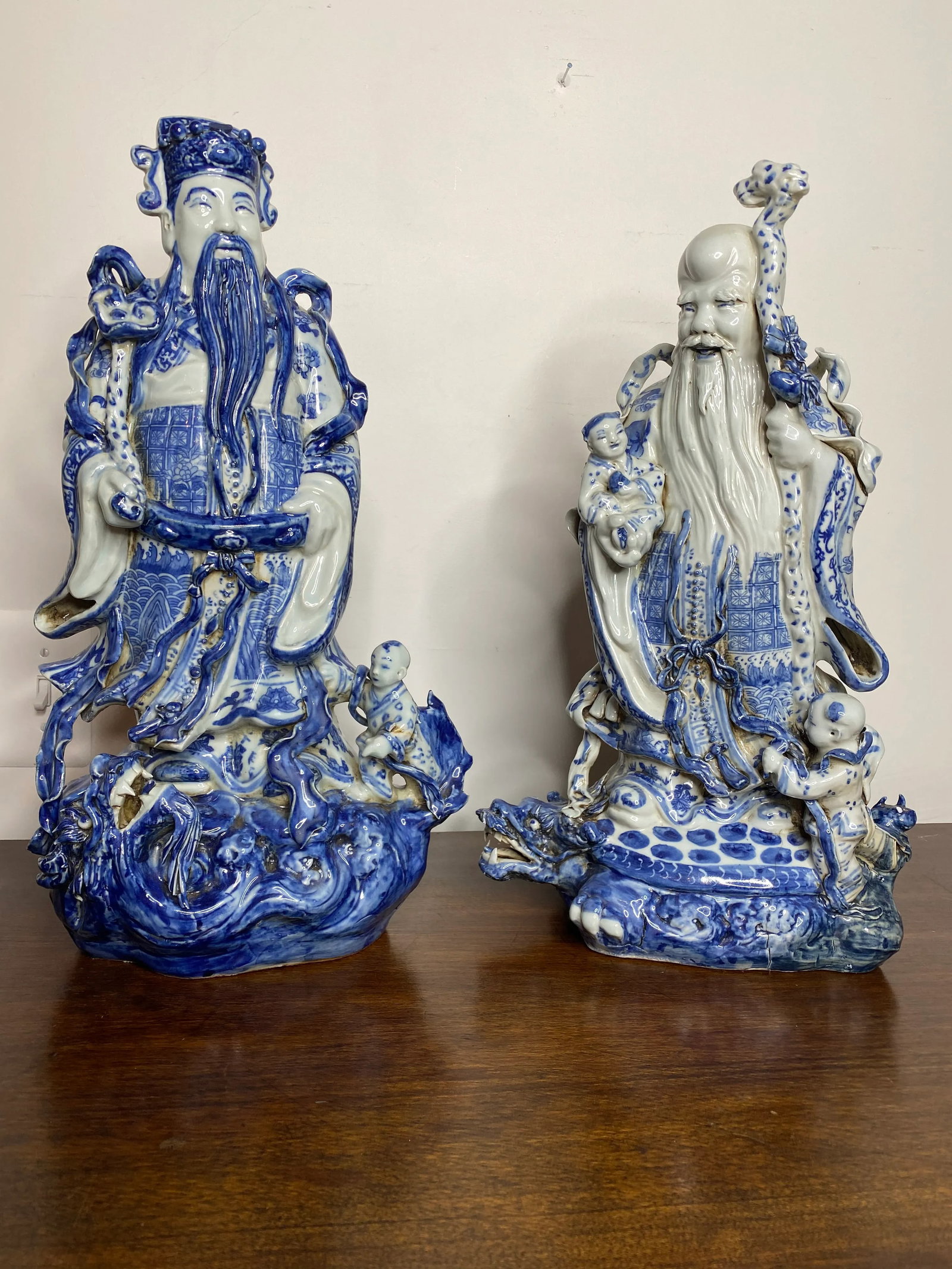 Vintage Chinese Blue & White Figures - Set of 2 - 13