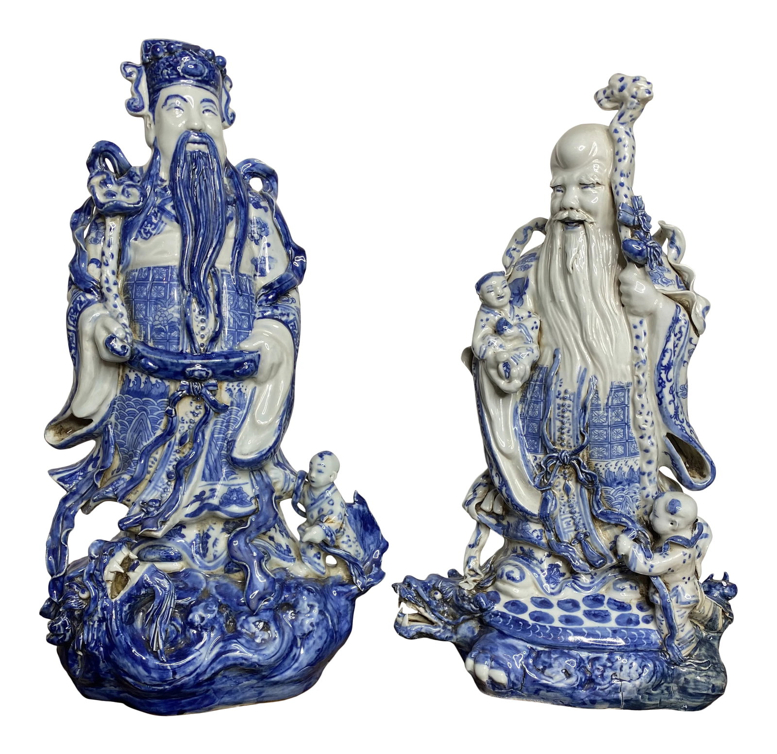Vintage Chinese Blue & White Figures - Set of 2: Truly exceptional pair of signed vintage expertly hand sculpted and painted figures of the Chinese Gods of the Three Stars or Sanxing which are The gods of the constellations considered essential in
