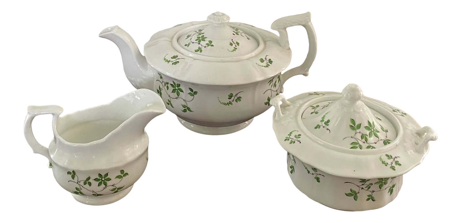 Antique English China Staffordshire Sprig Tea Set - 3 Piece Set: Charming antique English popular sprig design white porcelain three piece tea set with lidded creamer and sugar, embossed teapot spout and gracefully embossed handles. Most likely produced by one of