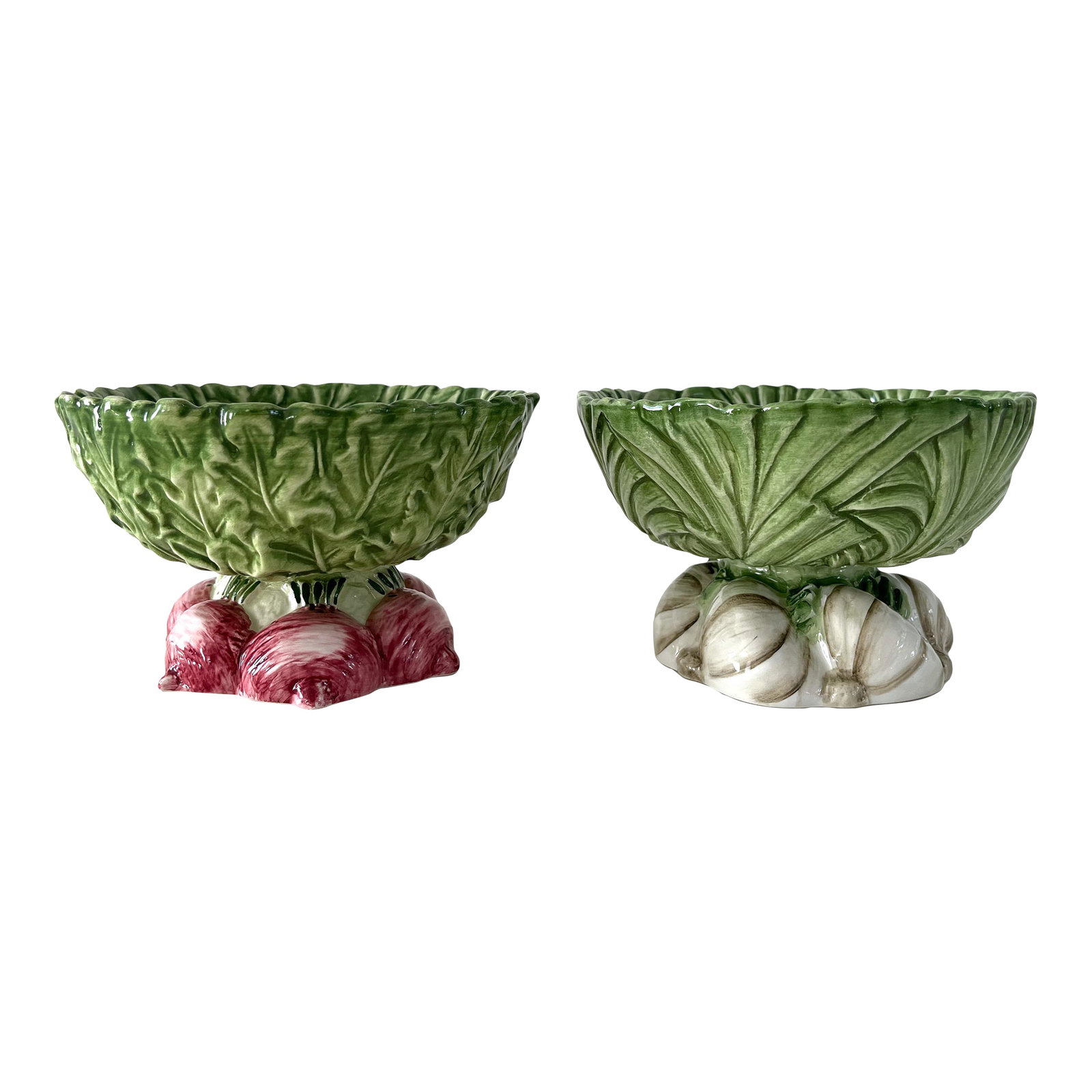 Italian Leaf Dishes - Radish and Garlic: Lovely pair of footed Vietri Italian majolica bowls. Leaf bowls with hand painted radish and garlic veggies. Great decor to liven up your spring entertaining! Bottom stamp reads: Made in Italy for