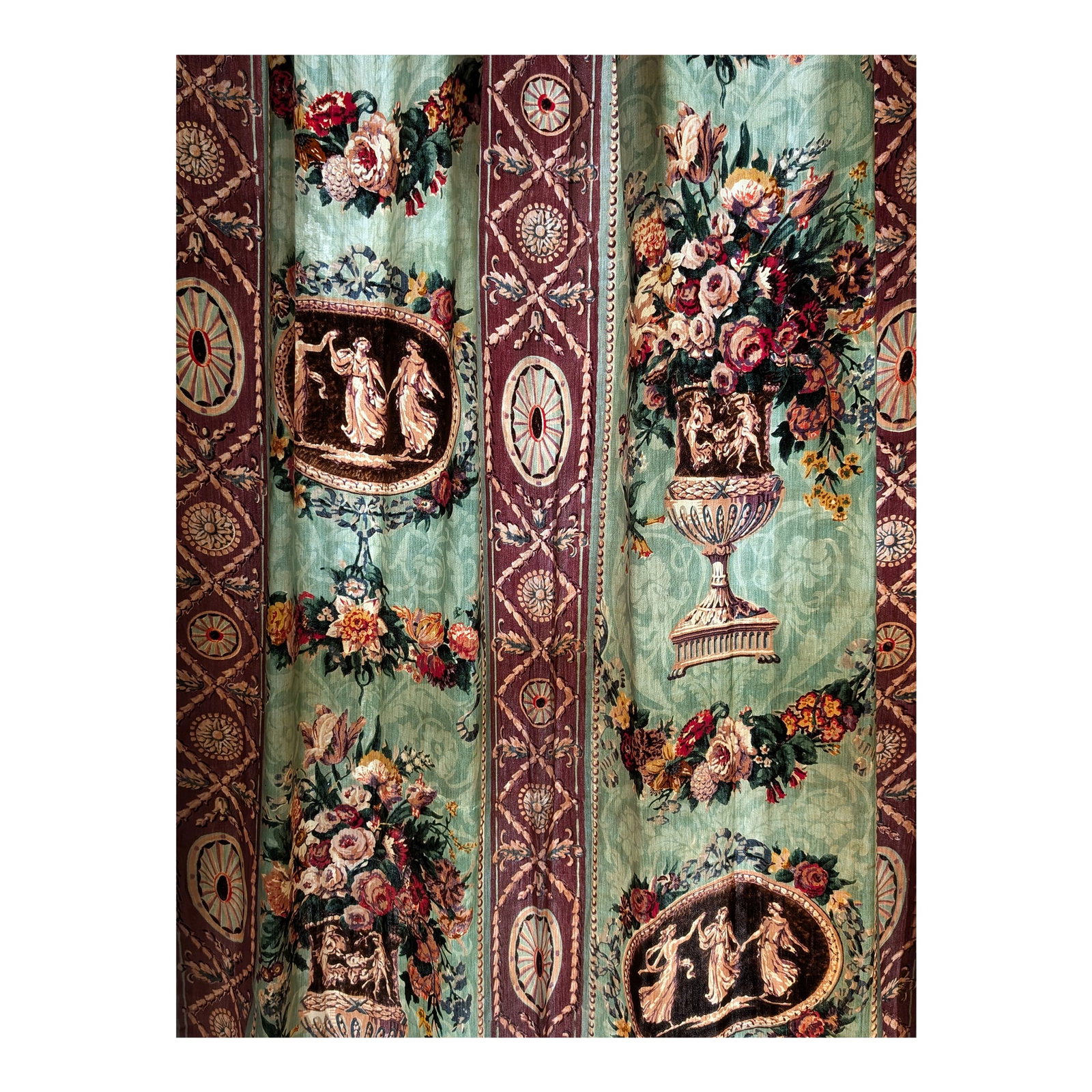 Vintage Formal Draperies- a Pair: Fabulous Pair of Professionally Handmade Pinch-Pleated & Lined Vintage Apsley House Fabric Draperies. Featuring Hand Blocked Urn Design with Gorgeous Floral Bouquets, Swags & Jabots set in Beautiful