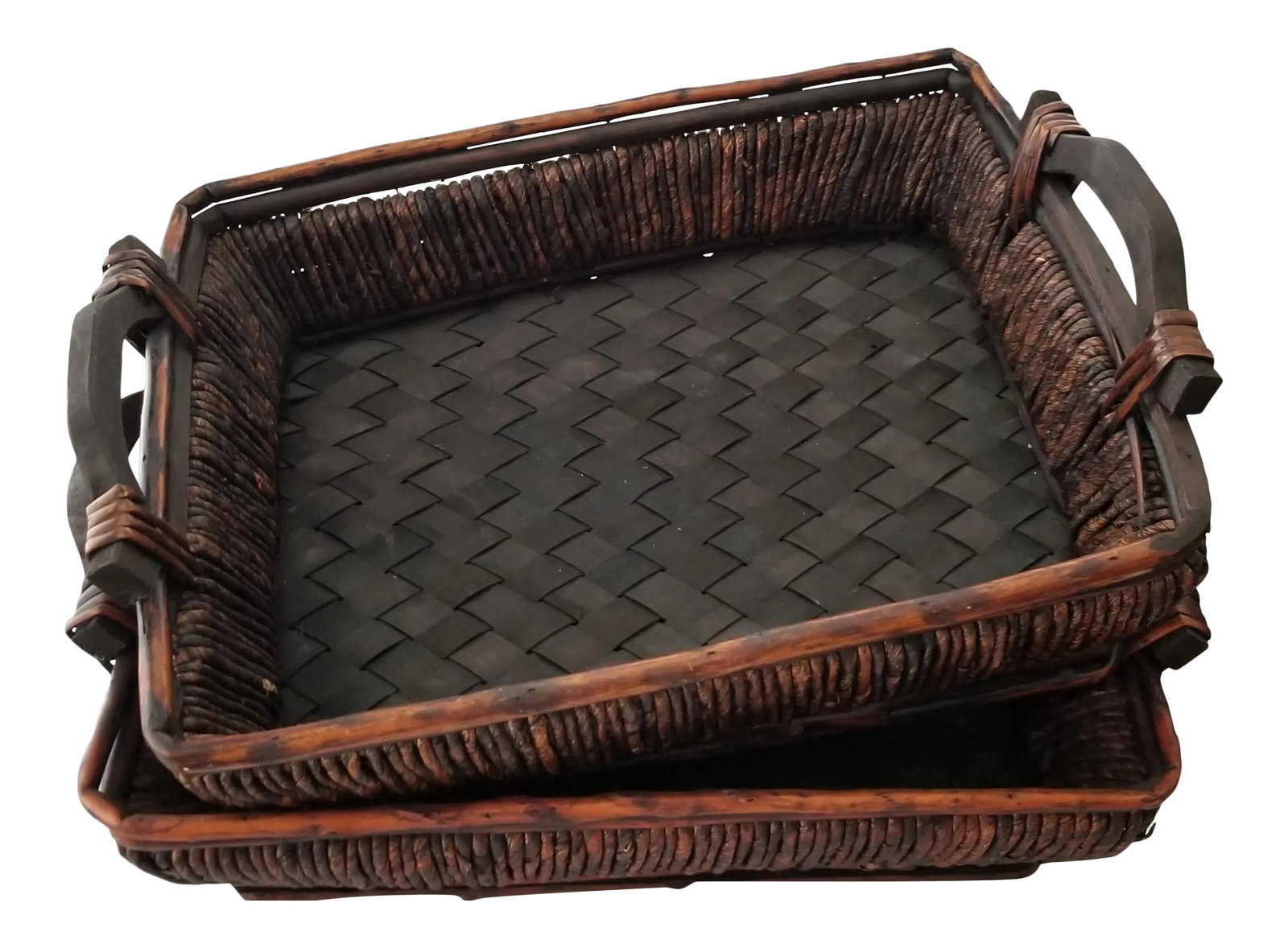 Lattice Surface Dark Brown Bamboo Trays W/ Wooden Handles - a Pair: We love these extraordinary dark brown trays for their chunky seagrass construction, lattice surface, wooden handles and fact that they are a pair! These trays can be functionally used or strictly