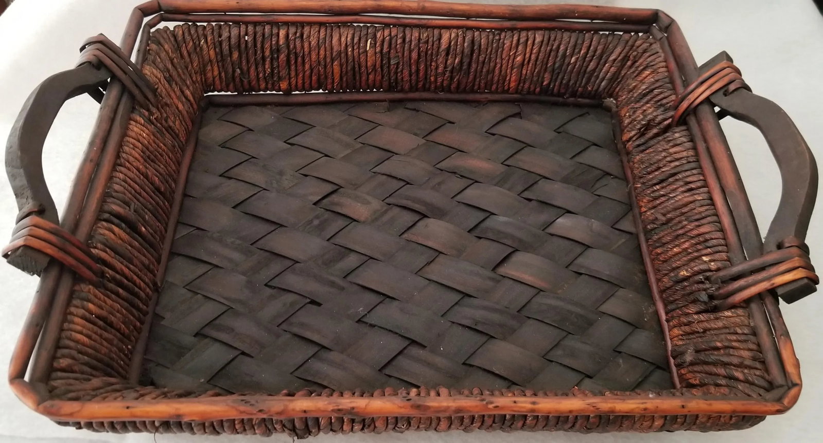 Lattice Surface Dark Brown Bamboo Trays W/ Wooden Handles - a Pair - 2