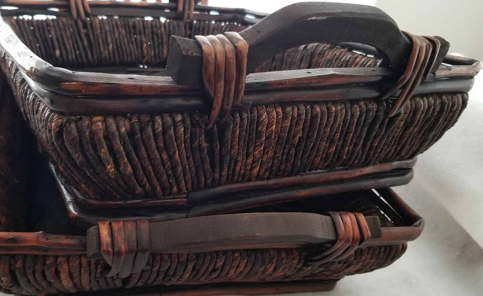 Lattice Surface Dark Brown Bamboo Trays W/ Wooden Handles - a Pair - 3