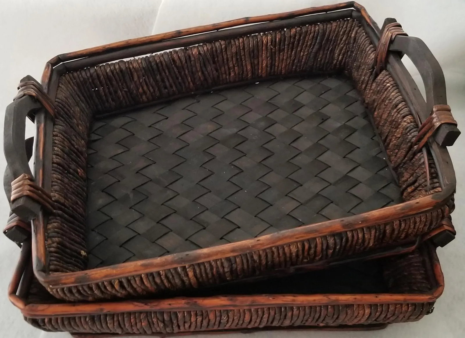 Lattice Surface Dark Brown Bamboo Trays W/ Wooden Handles - a Pair - 8