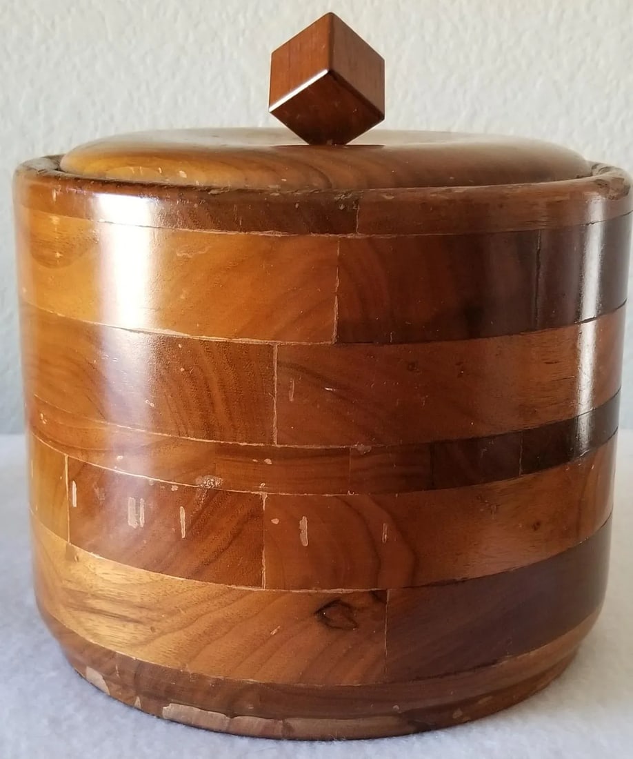 Mid-Century American Walnut Weathered Ice Bucket With Lid Glass Liner - 6