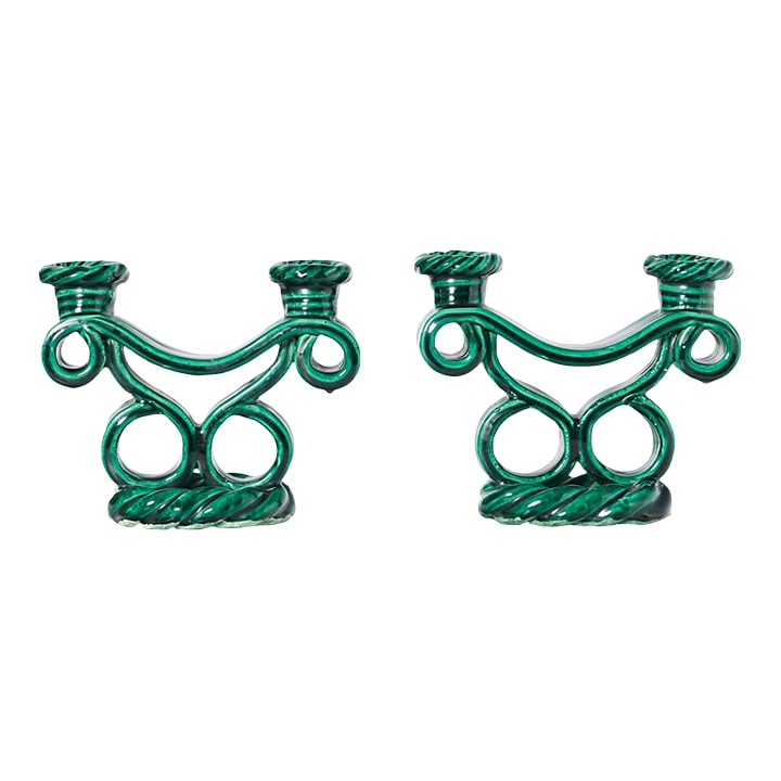 Pair of 1950s Vallauris Candlesticks by Jerome Massier: Magnificent and rare green braided rope and loop ceramic designed candlesticks by Jerome Massier in excellent condition. Condition: Alterations: Original Condition Unaltered Imperfections: Some