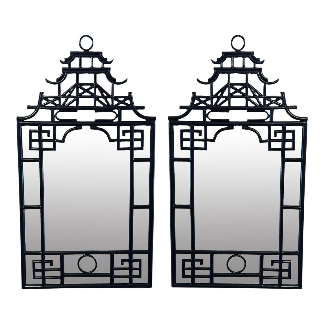 Early 21st Century, Chinoiserie-Style Black Lacquered Pagoda Wall Mirrors - A Pair: Elevate your space with this striking pair of Chinoiserie-style pagoda mirrors finished in a rich black lacquer with a sought after design no longer in production. These sculptural pieces blend Old
