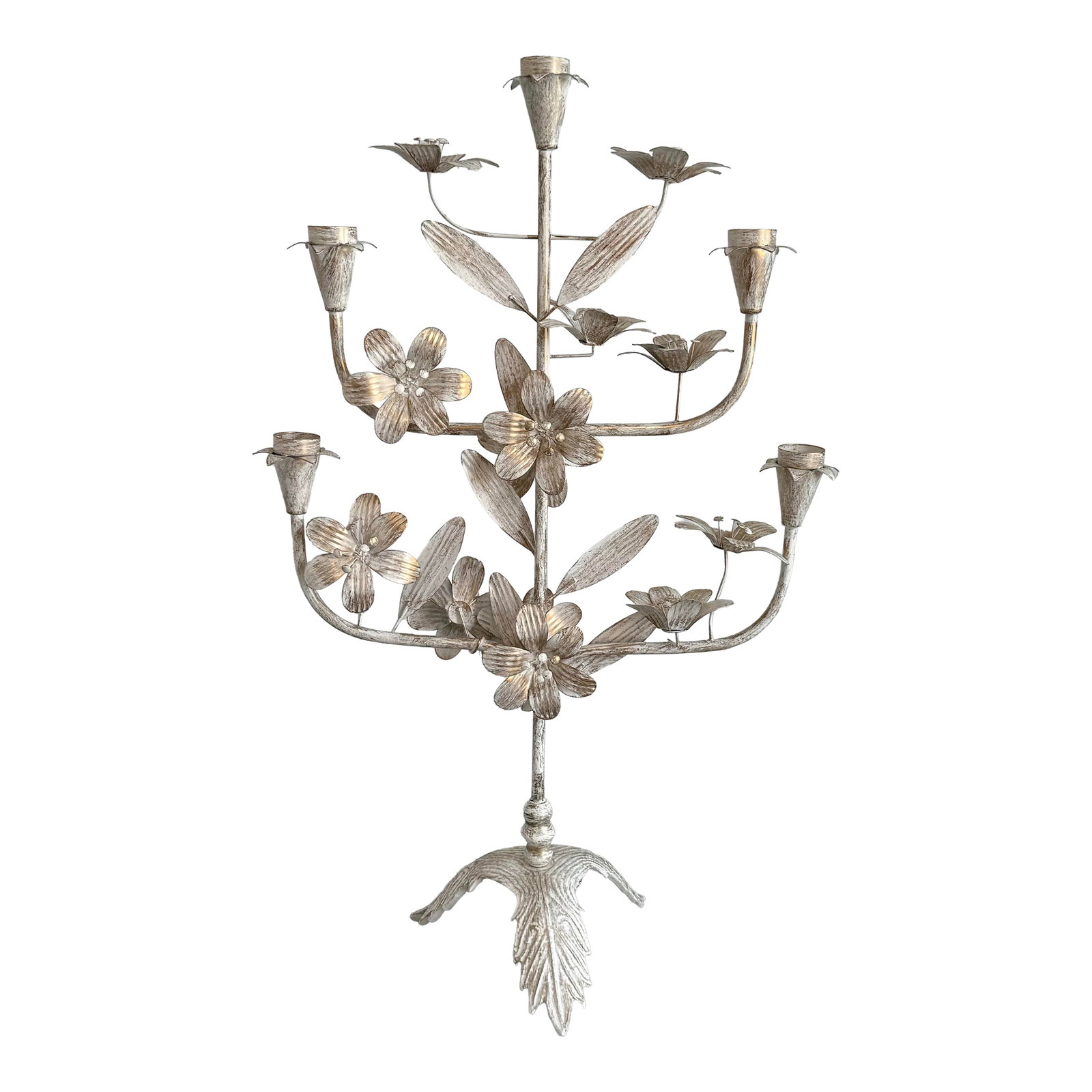Late 20th Century Tall Bohemian Brushed Gold and Cream Pedestal Tole Candelabra: Extraordinary tall Bohemian brushed gold and cream pedestal candelabra fit for five candlesticks or votives. The piece is accompanied by characterized flowers with large stamens. Fully double sided. C