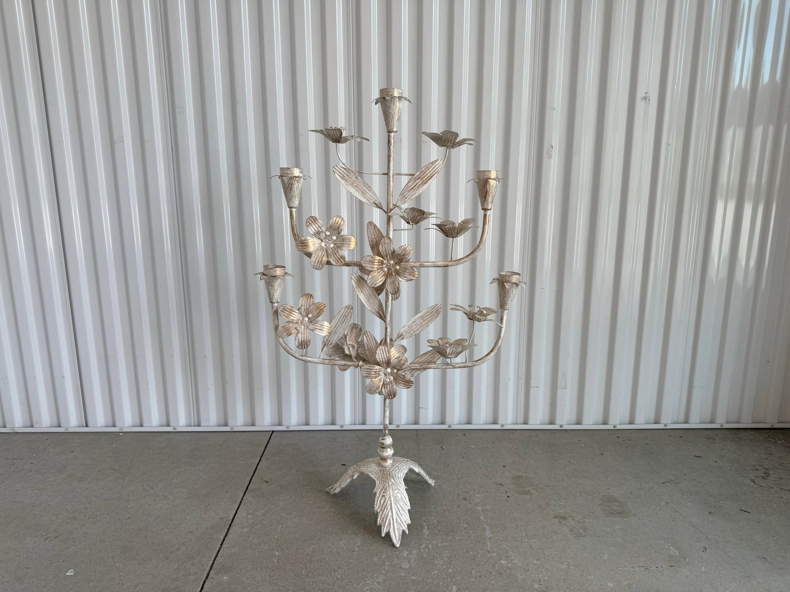 Late 20th Century Tall Bohemian Brushed Gold and Cream Pedestal Tole Candelabra - 2