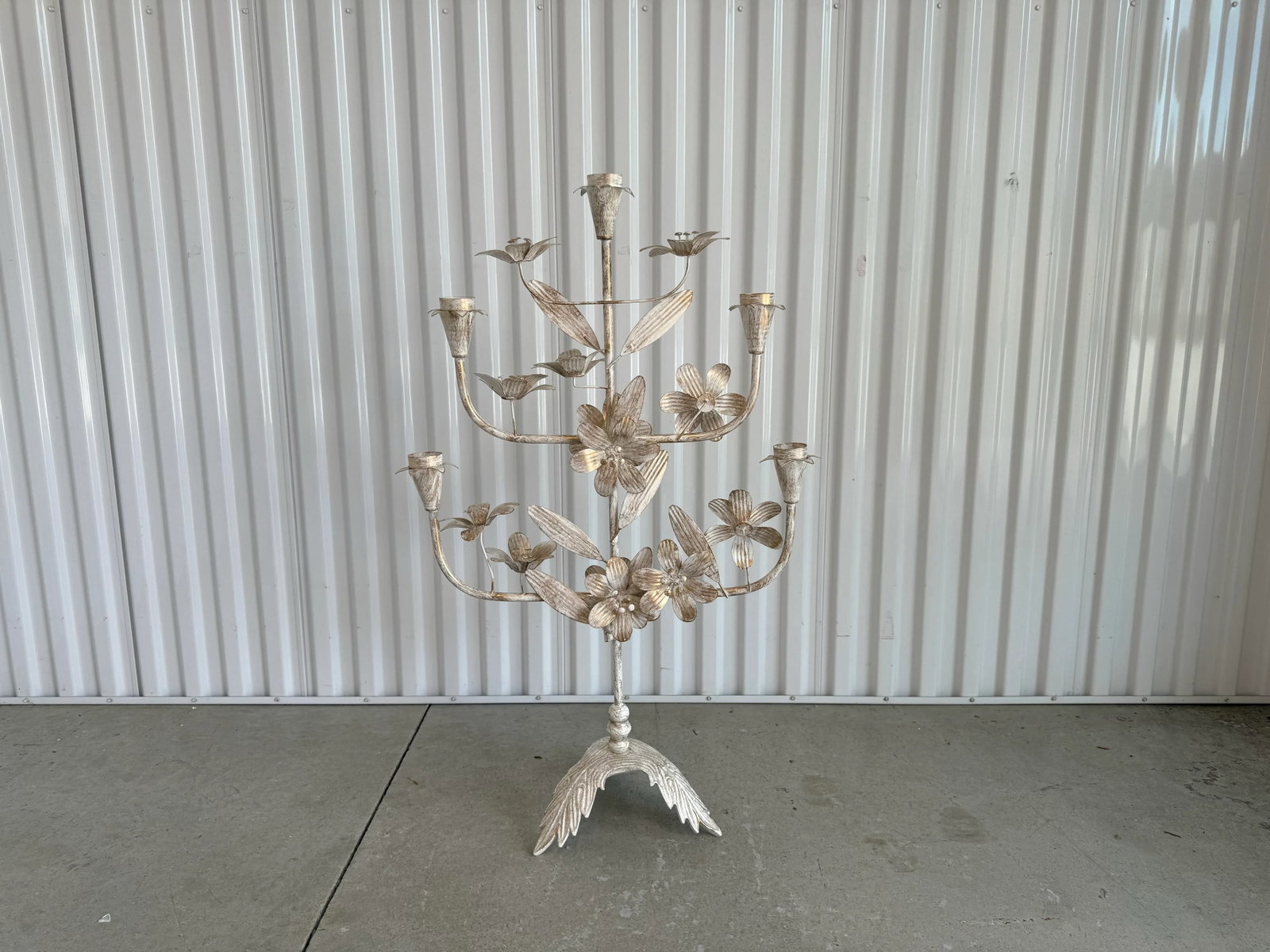 Late 20th Century Tall Bohemian Brushed Gold and Cream Pedestal Tole Candelabra - 3