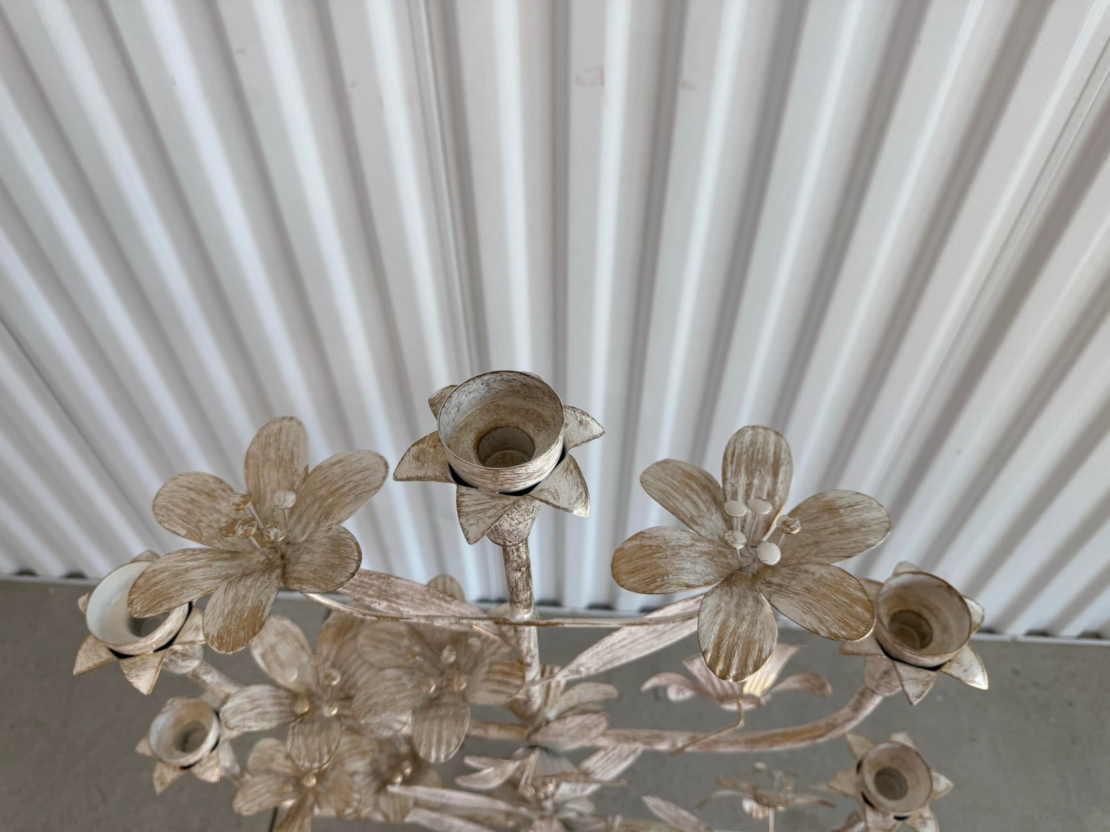 Late 20th Century Tall Bohemian Brushed Gold and Cream Pedestal Tole Candelabra - 4