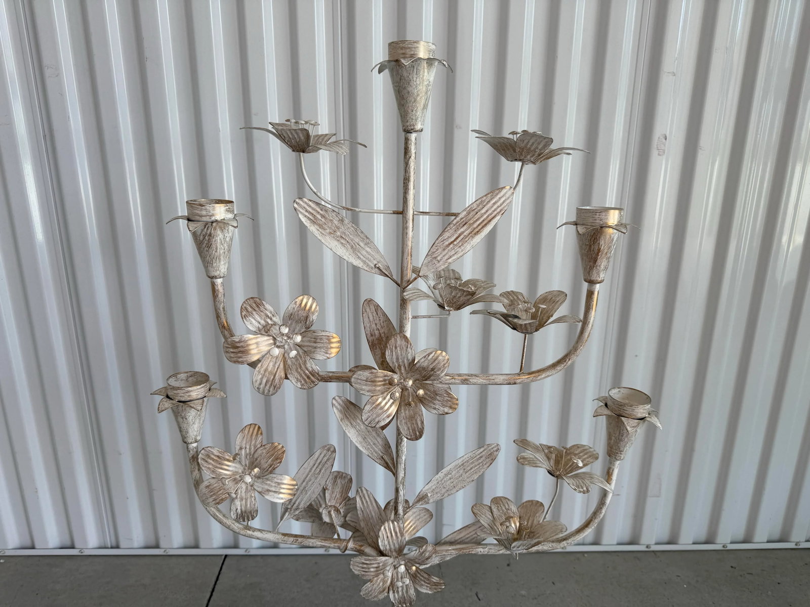 Late 20th Century Tall Bohemian Brushed Gold and Cream Pedestal Tole Candelabra - 6