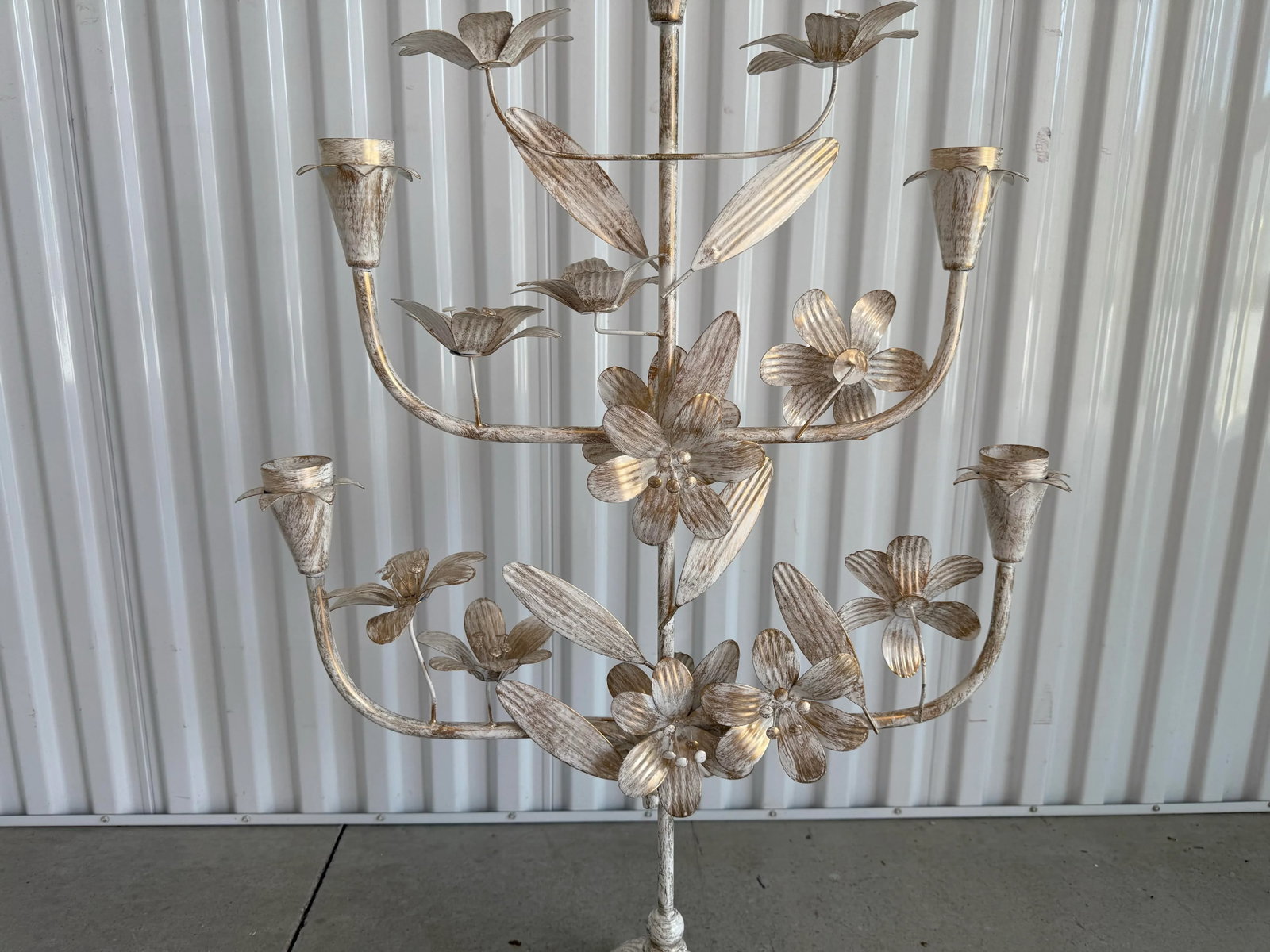 Late 20th Century Tall Bohemian Brushed Gold and Cream Pedestal Tole Candelabra - 7