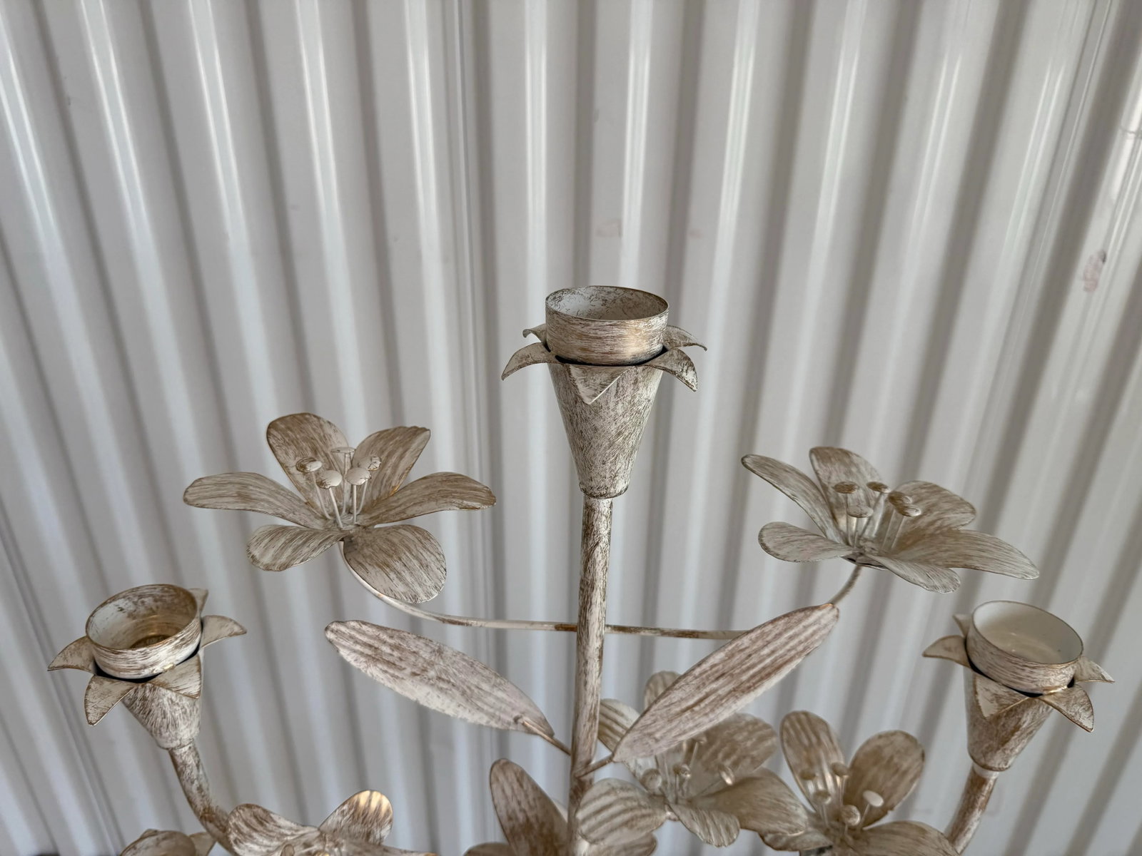 Late 20th Century Tall Bohemian Brushed Gold and Cream Pedestal Tole Candelabra - 8