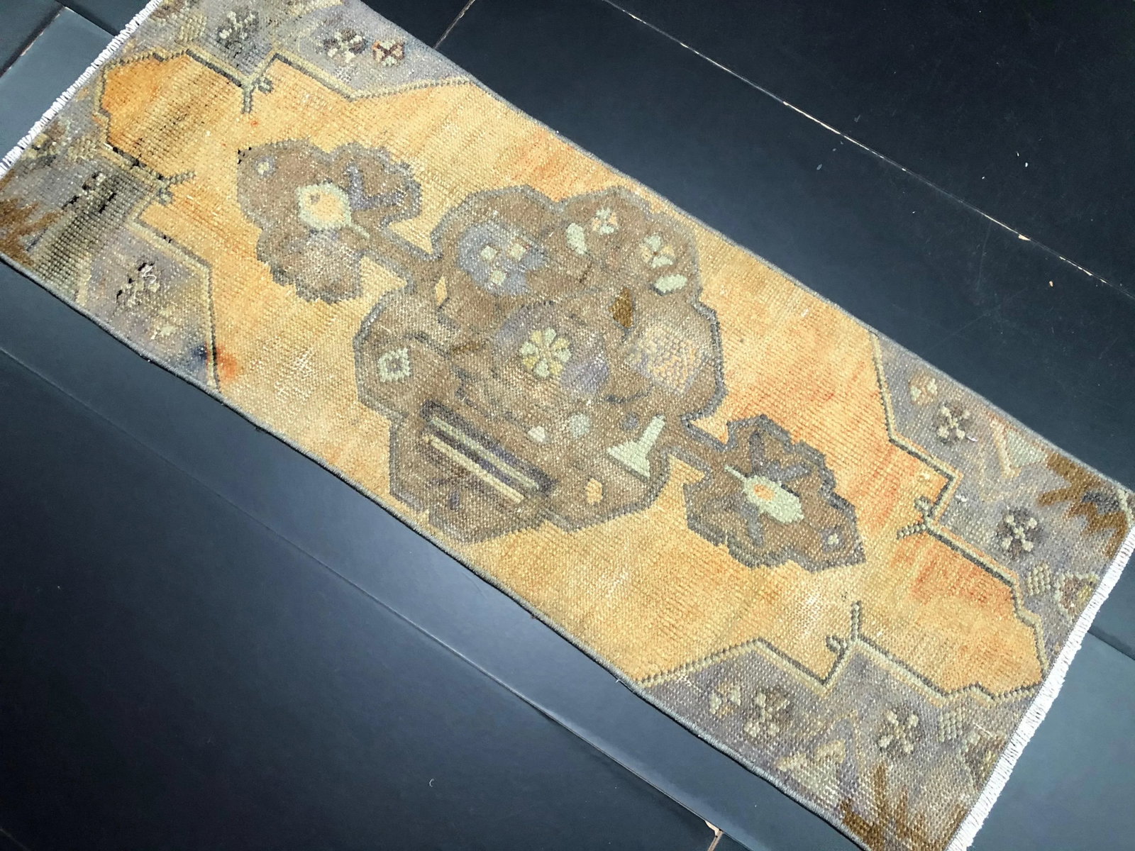 Vintage Distressed Turkish Handmade Orange and Brown Small Rug - 3