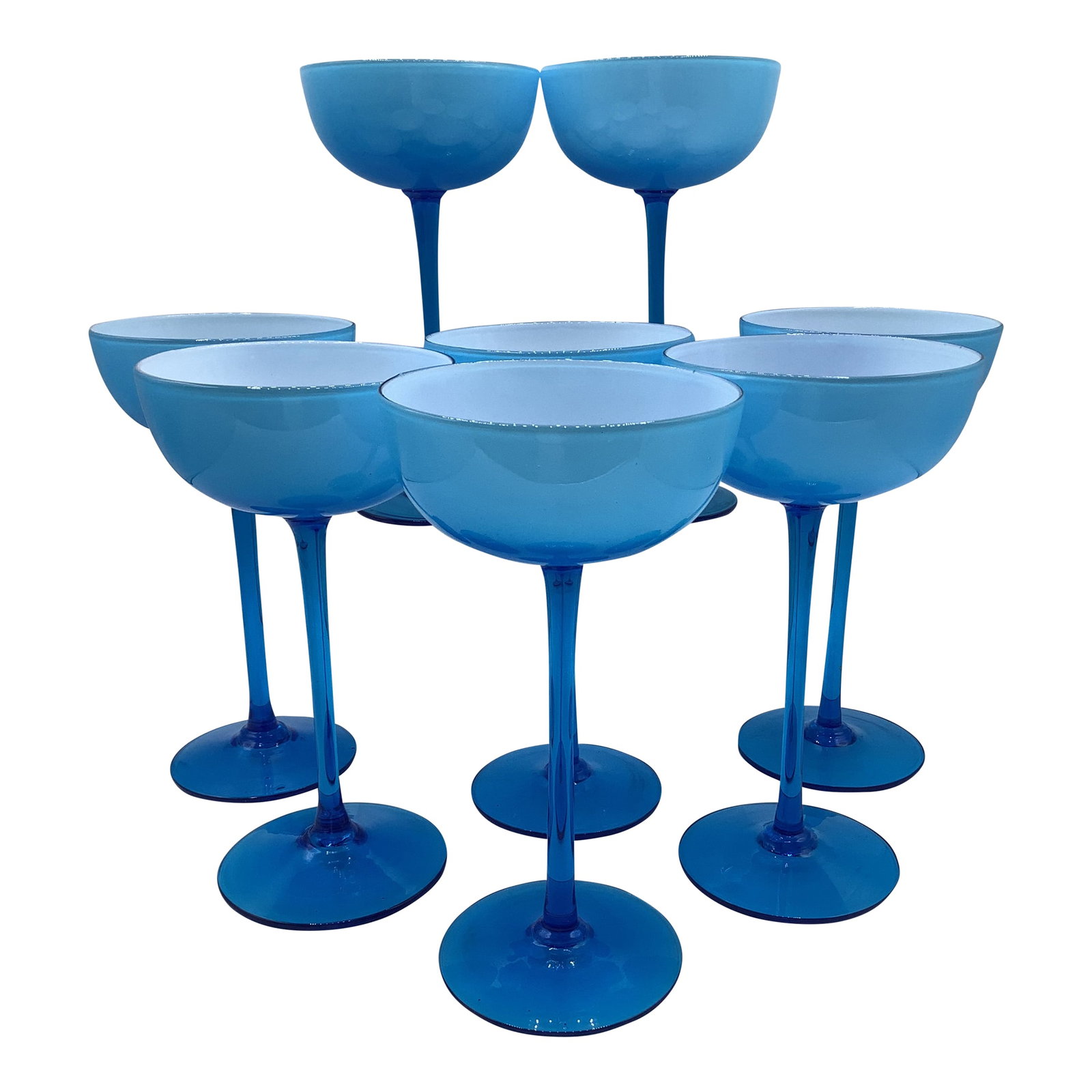 Vintage Carlo Moretti Italy Blue White Cased Glass Tall Stem Champagne Coupes - Set of 8: A gorgeous and hard to find set of 8 elegant 60s Murano hand blown Italian Carlo Moretti tall champagne coupes. The turquoise with white casing is so stunning and so much fun to drink out of. They