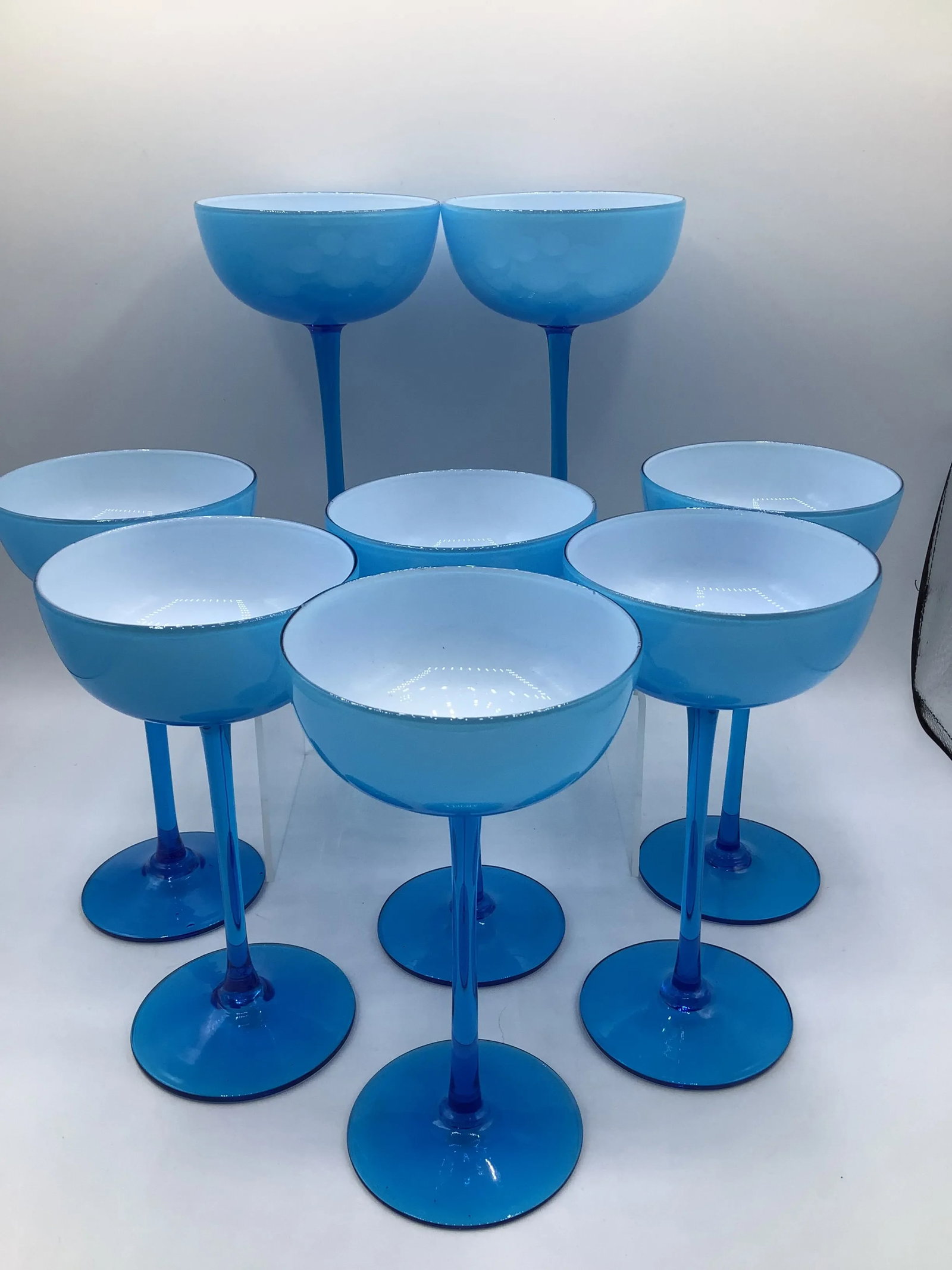 Vintage Carlo Moretti Italy Blue White Cased Glass Tall Stem Champagne Coupes - Set of 8 - 2