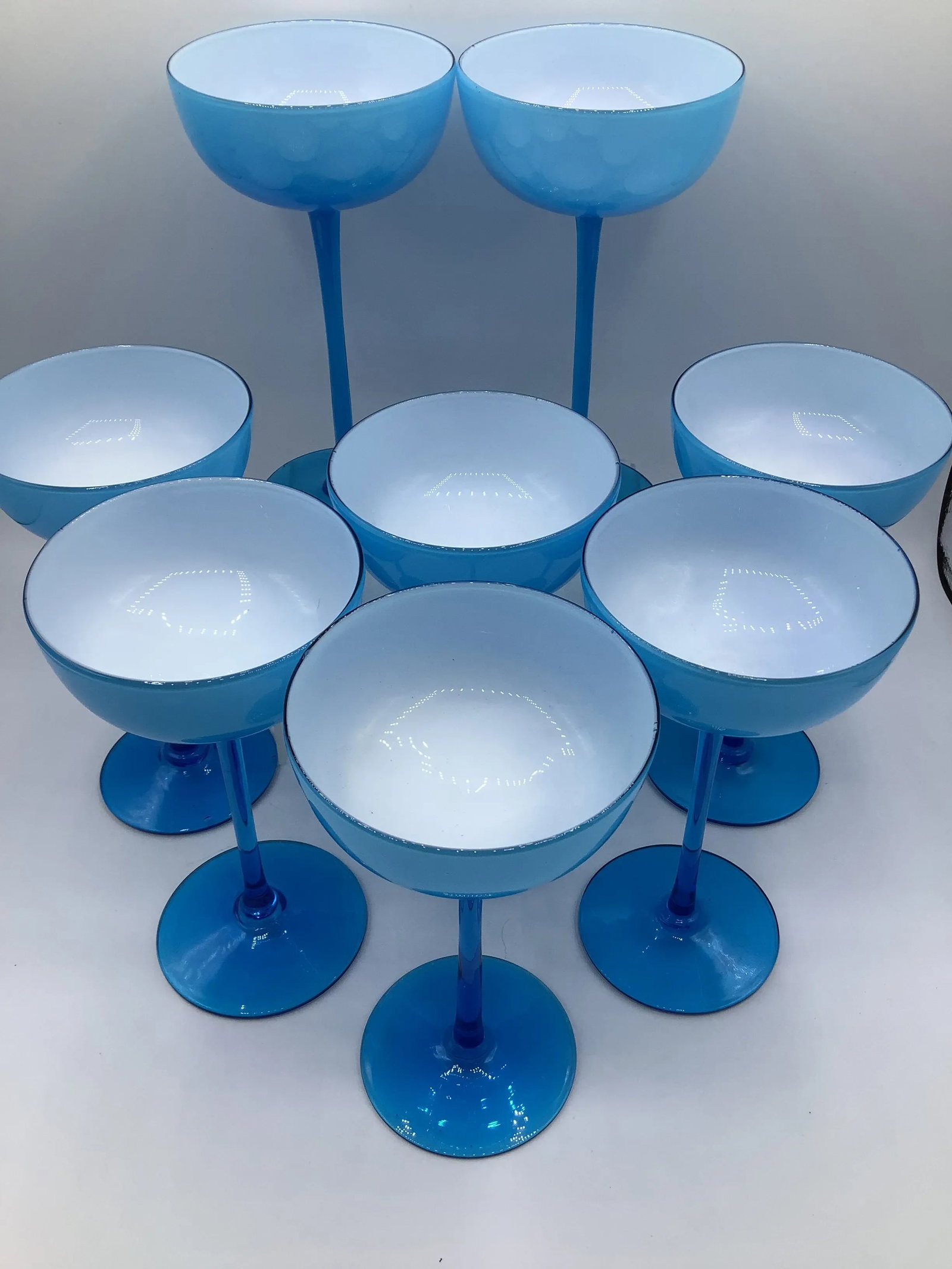 Vintage Carlo Moretti Italy Blue White Cased Glass Tall Stem Champagne Coupes - Set of 8 - 3