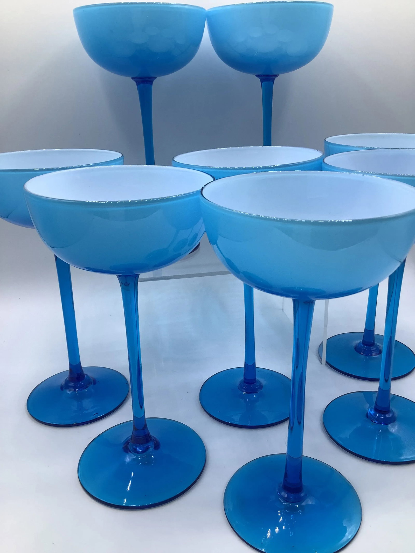 Vintage Carlo Moretti Italy Blue White Cased Glass Tall Stem Champagne Coupes - Set of 8 - 5